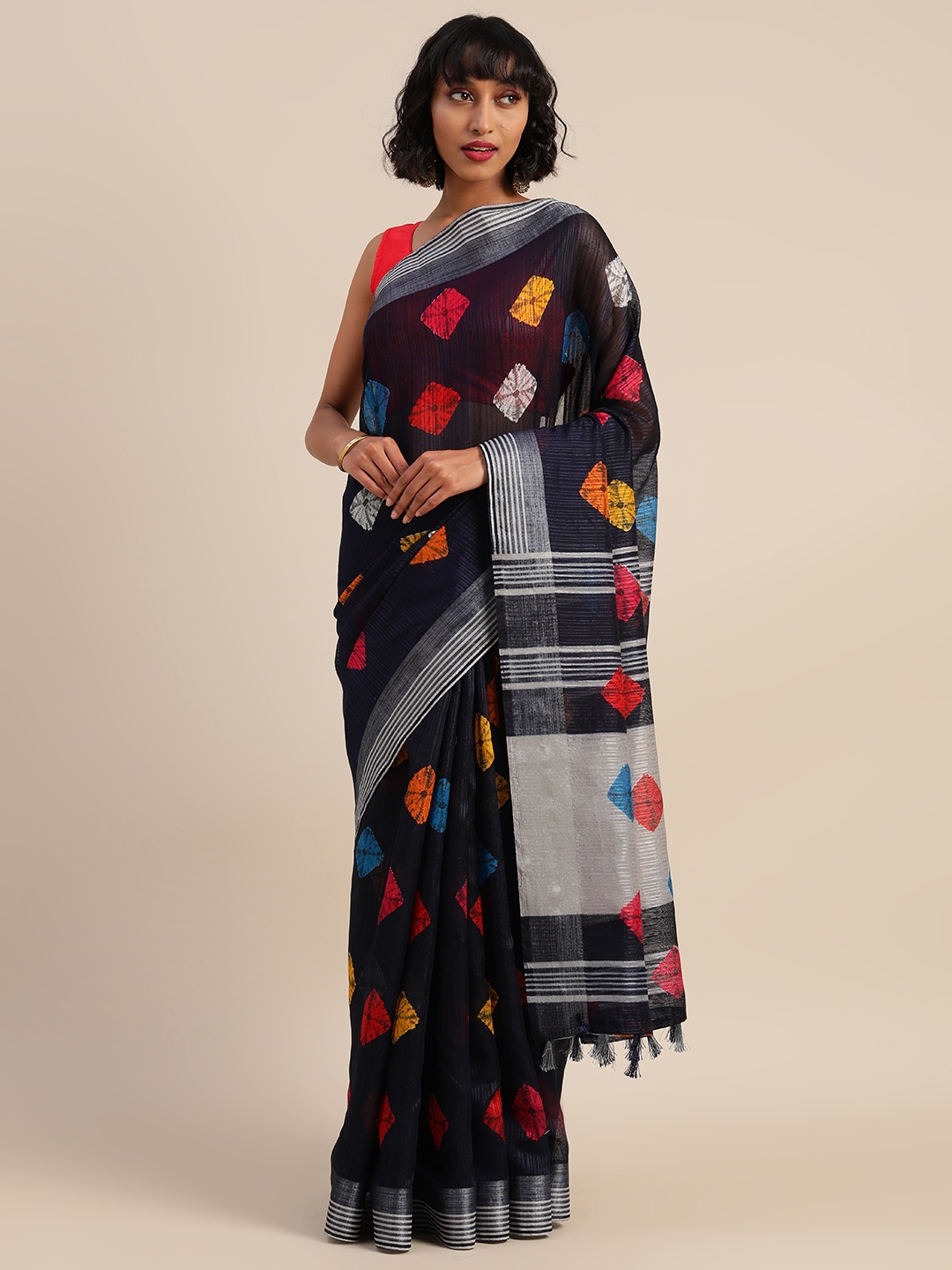 

Rajnandini Navy Blue Linen Blend Printed Bandhani Saree