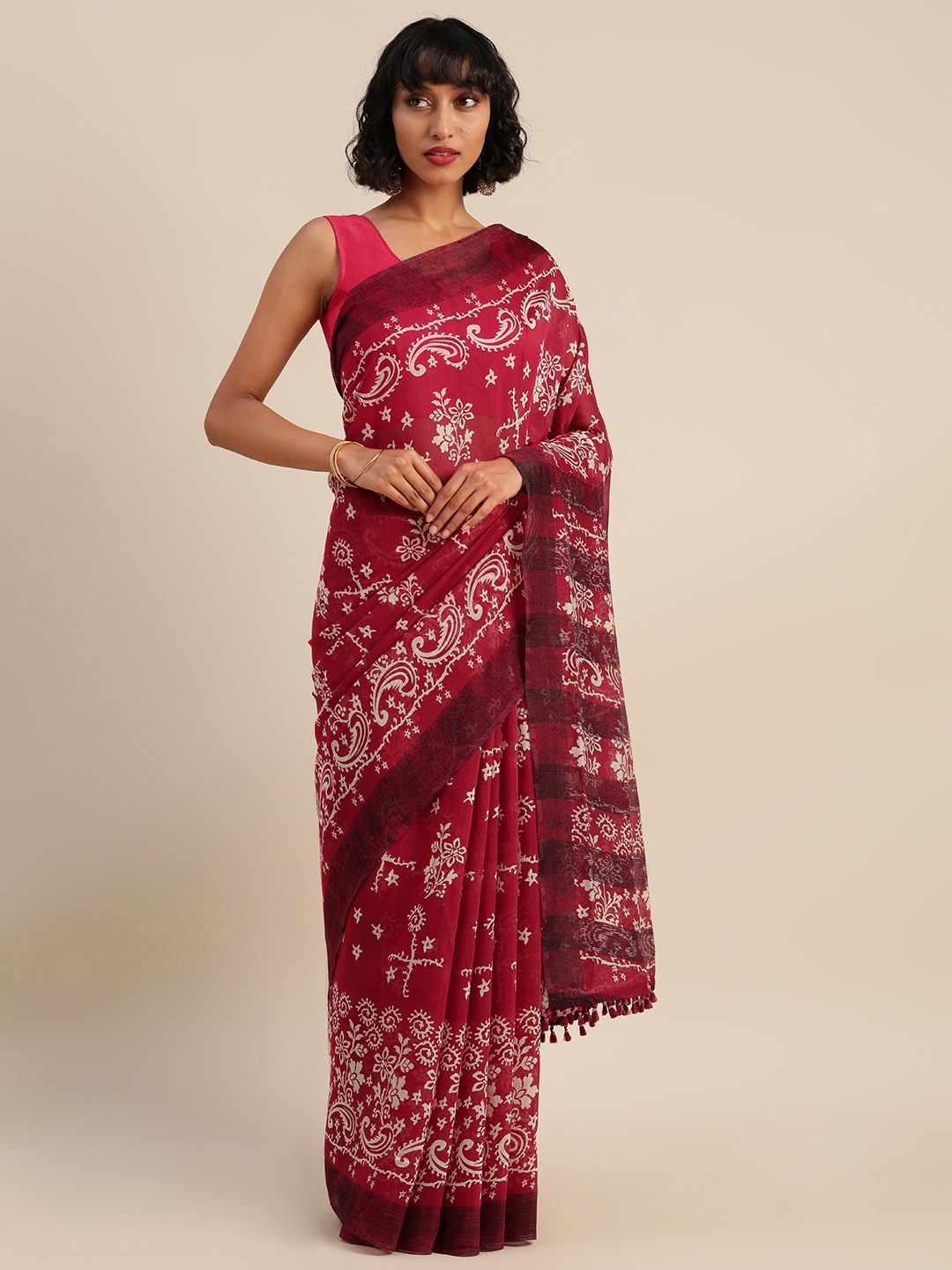 

Rajnandini Red & Beige Silk Blend Printed Dabu Saree