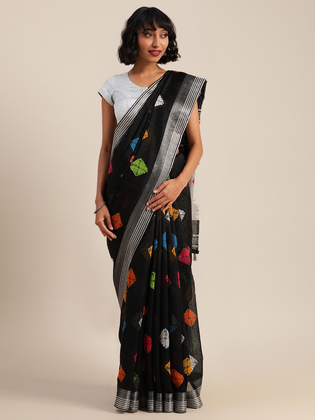 

Rajnandini Black & Red Linen Blend Printed Bandhani Saree