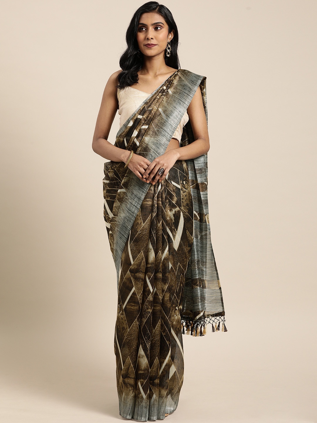 

Rajnandini Brown & Grey Cotton Blend Printed Saree