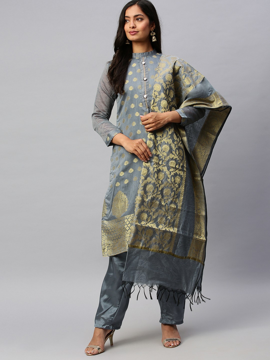

Rajnandini Grey & Gold-Coloured Silk Blend Unstitched Dress Material