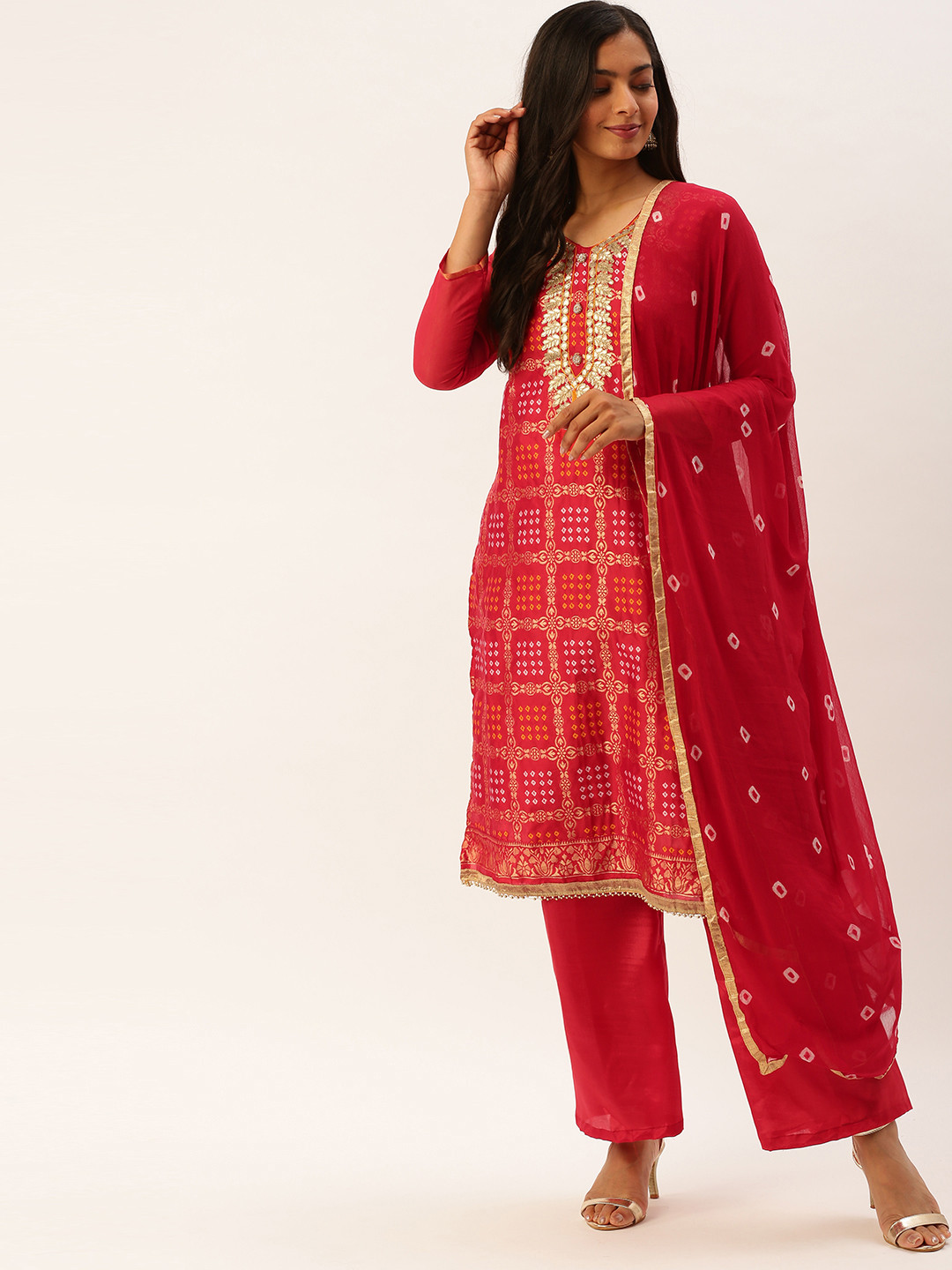 

Rajnandini Red & Mustard Yellow Bandhani Printed Silk Blend Unstitched Dress Material