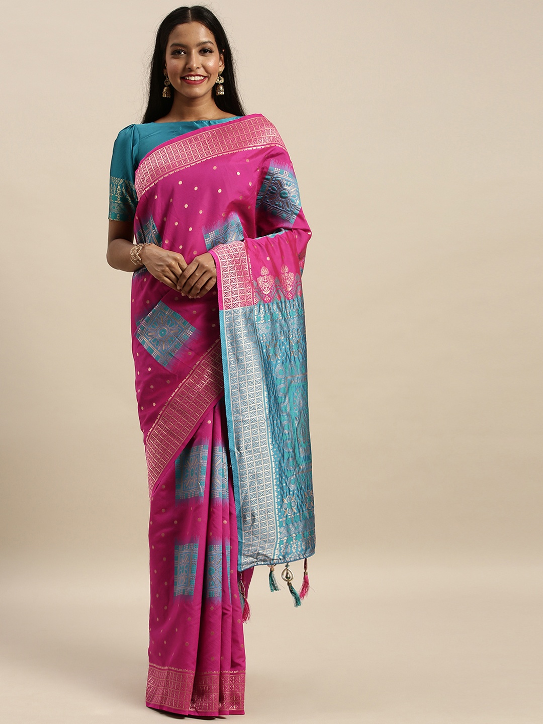 

Amrutam Fab Pink & Turquoise Blue Silk Blend Woven Design Banarasi Saree