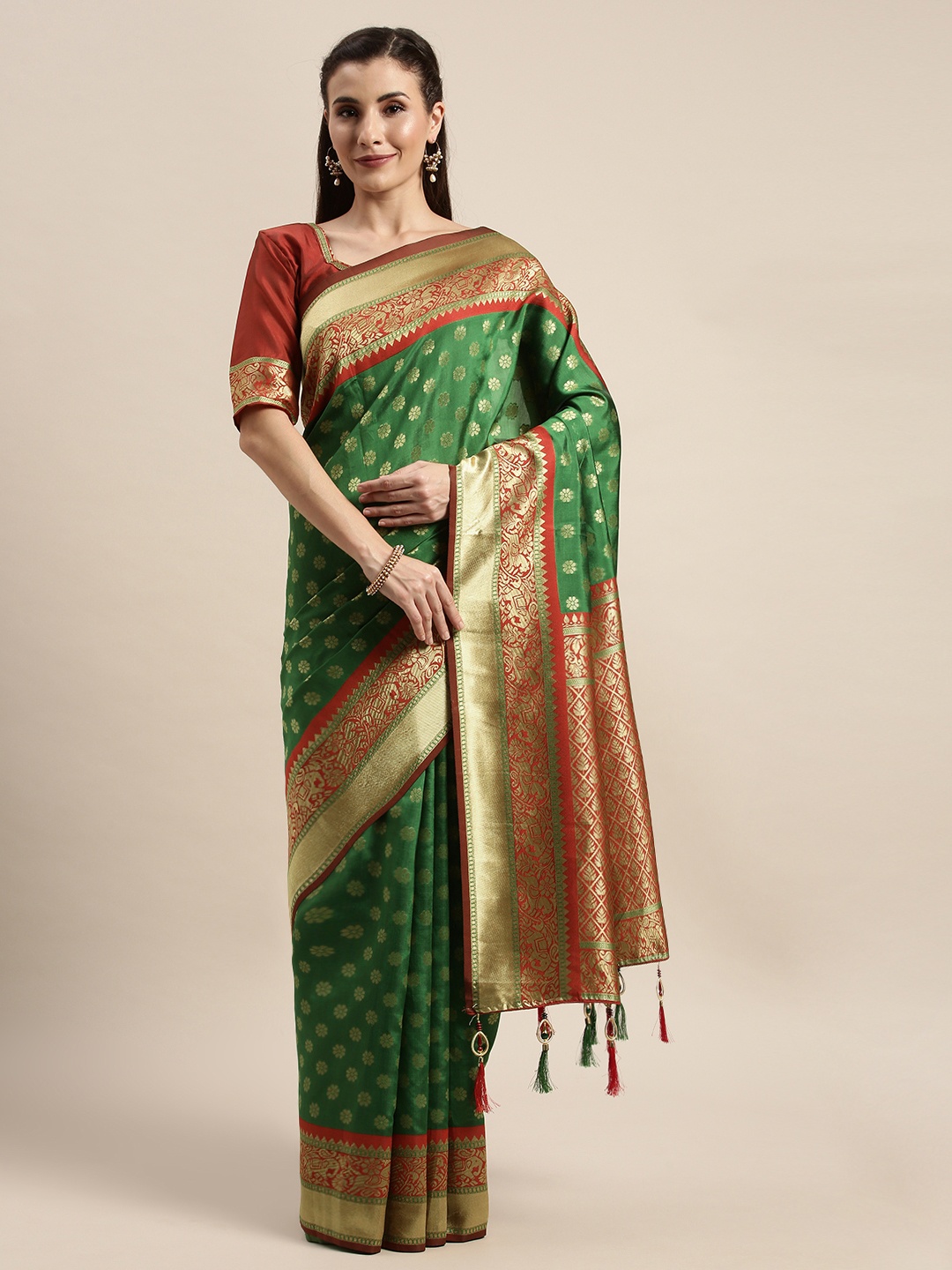 

Amrutam Fab Green & Gold-Toned Silk Blend Woven Design Banarasi Saree
