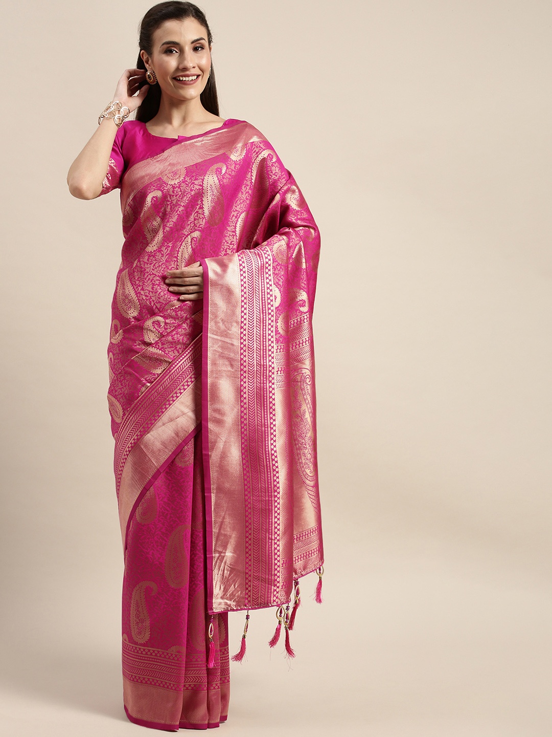 

Amrutam Fab Pink & Gold-Toned Silk Blend Woven Design Banarasi Saree