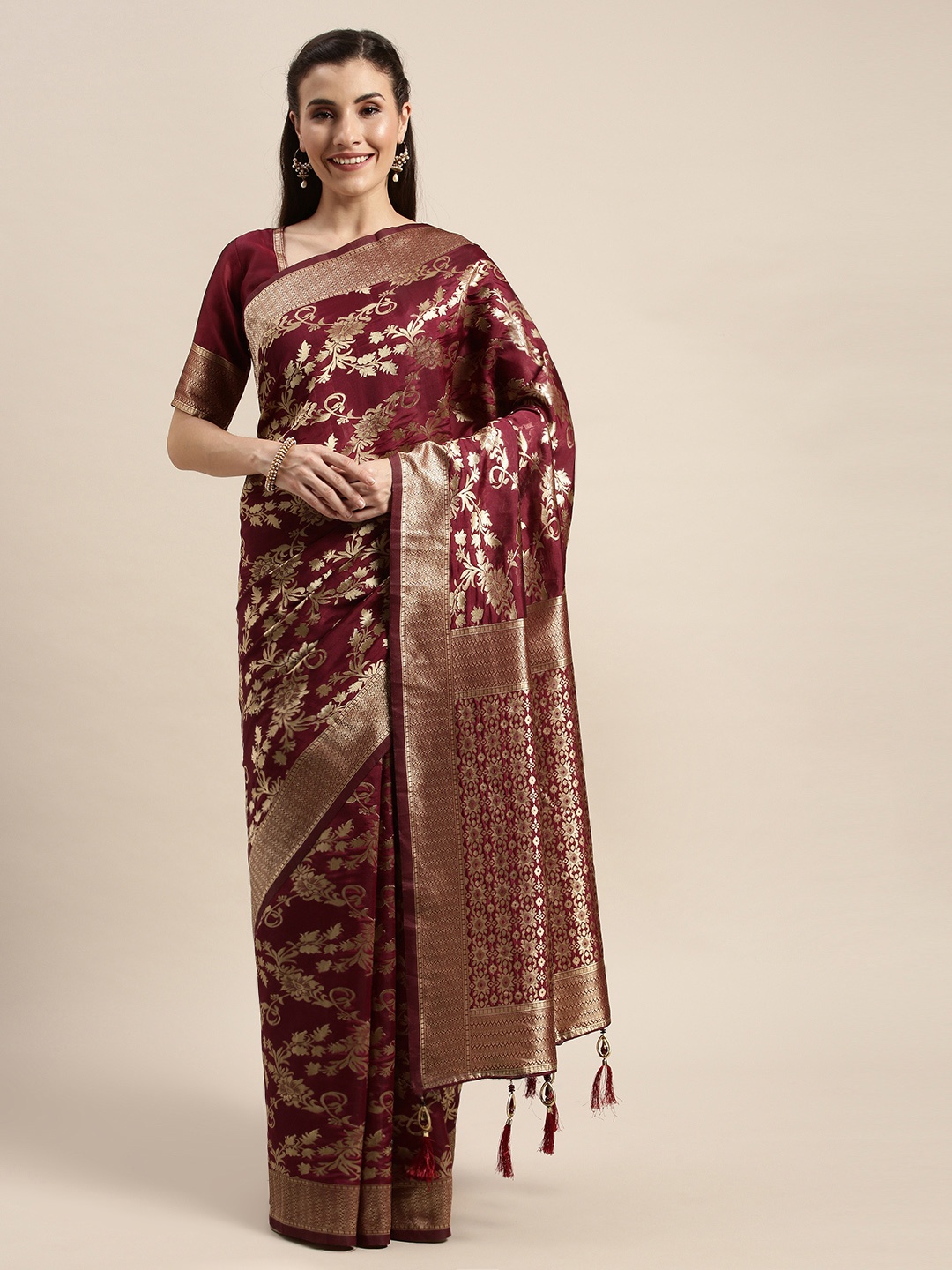 

Amrutam Fab Maroon & Golden Silk Blend Woven Design Banarasi Saree