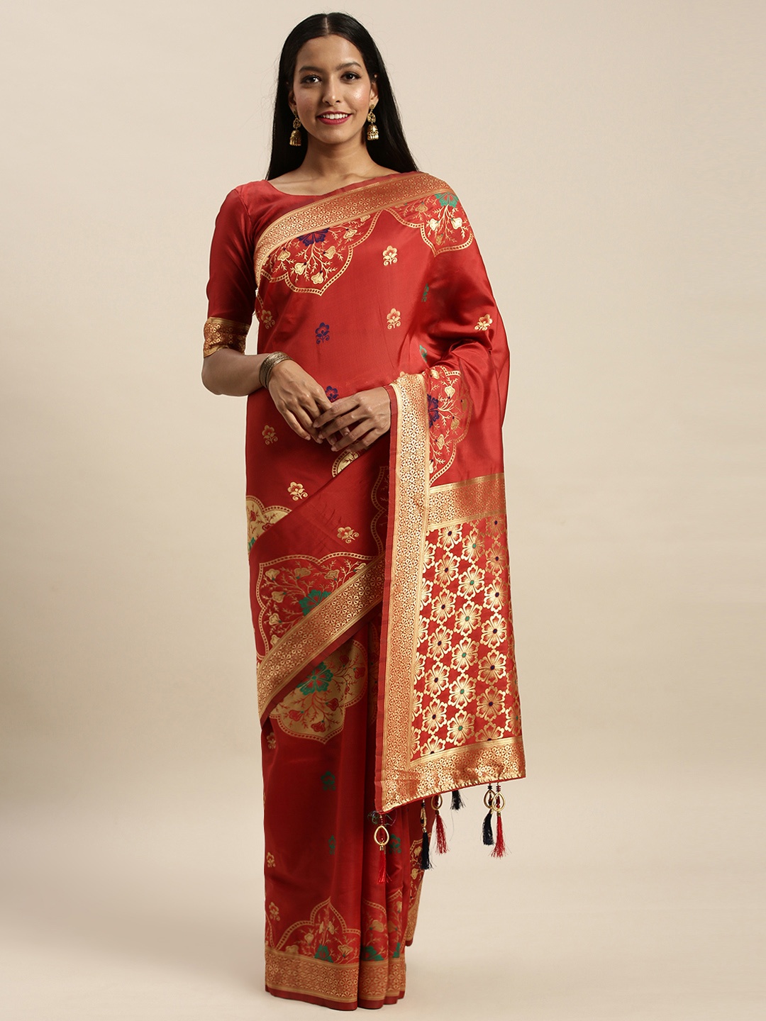 

Amrutam Fab Red & Gold-Coloured Silk Blend Woven Design Banarasi Celebrity Saree