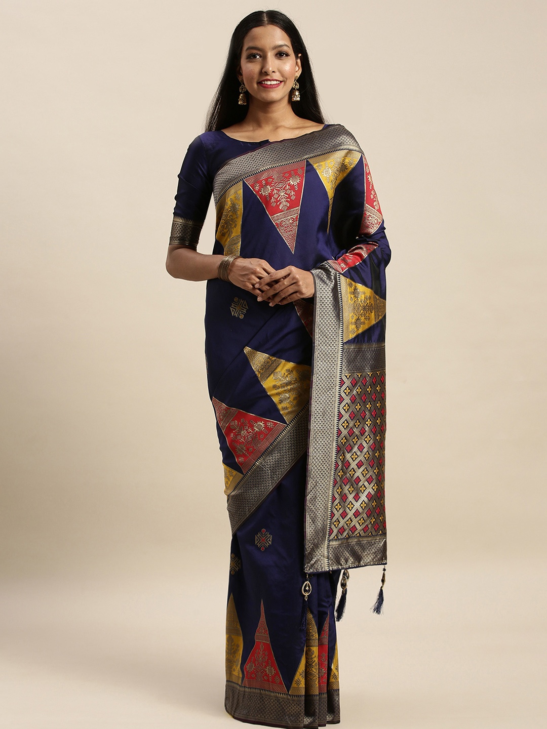 

Amrutam Fab Navy Blue & Red Silk Blend Woven Design Banarasi Celebrity Saree