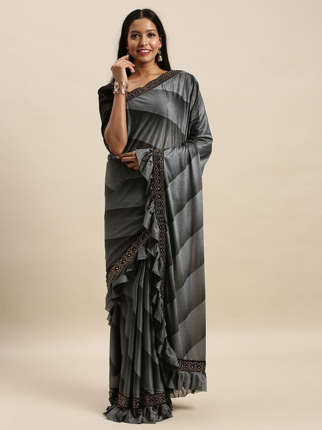

Amrutam Fab Grey & Black Silk Blend Striped Ruffled Saree