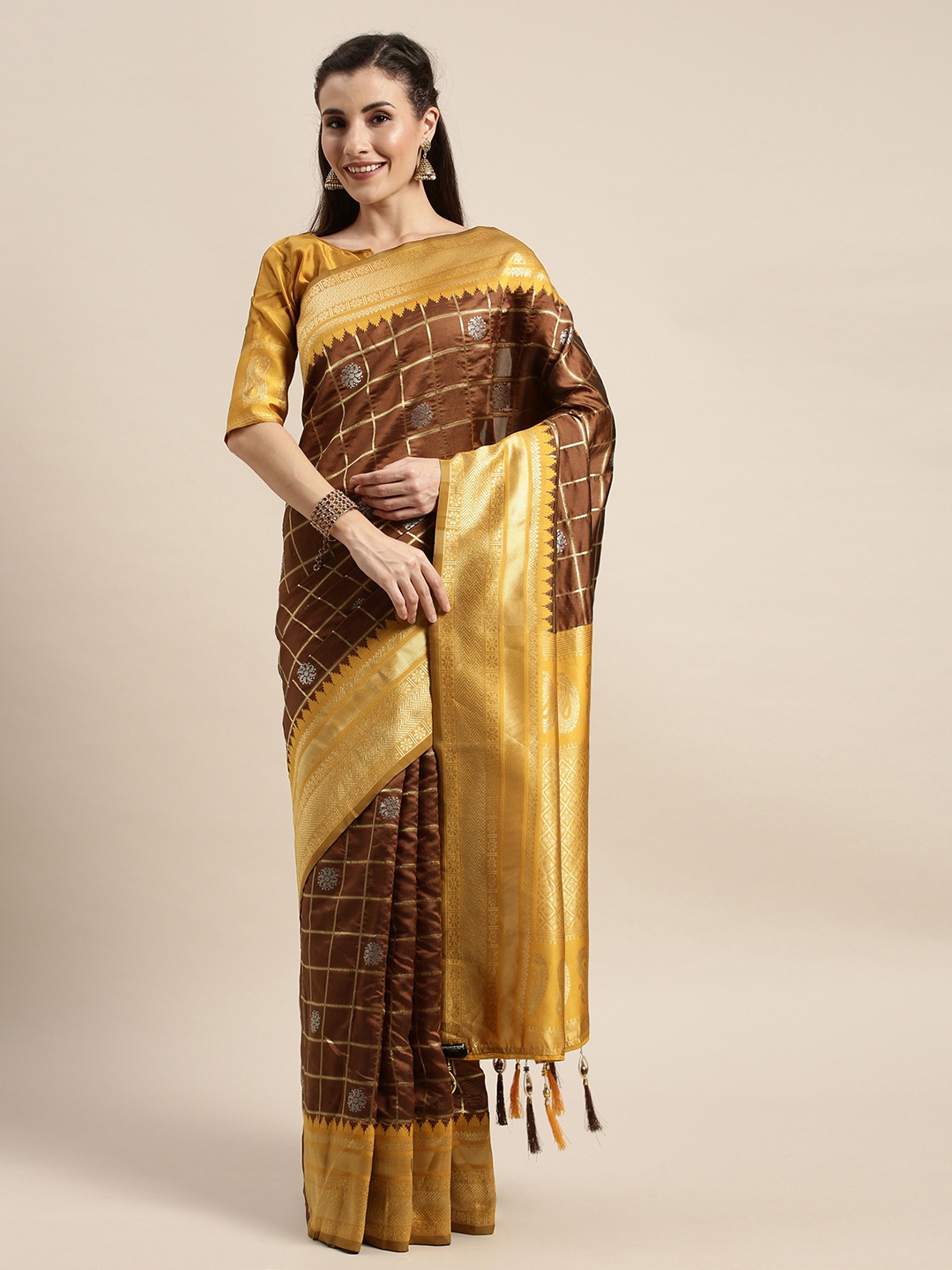 

Amrutam Fab Brown & Mustard Yellow Silk Blend Checked Banarasi Saree