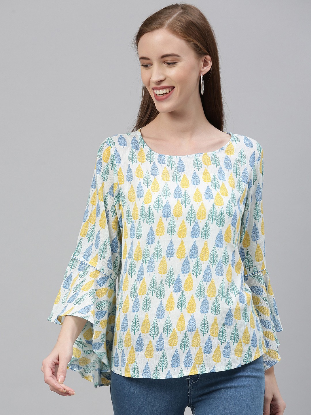 

Global Desi Women White & Blue Floral Printed Bell Sleeve Styled Back Top