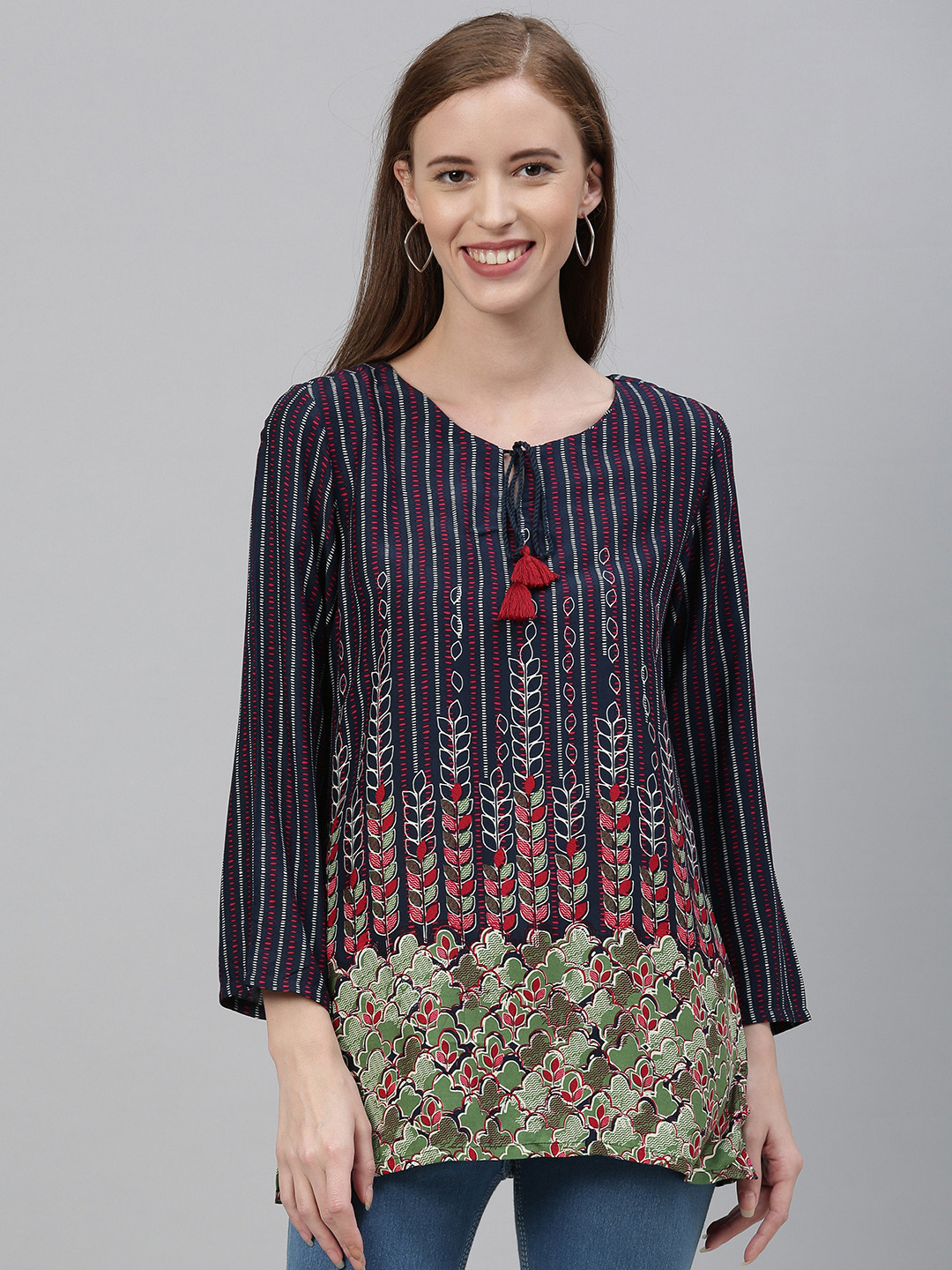 

Global Desi Women Navy Blue& Green Floral Printed A-Line Top