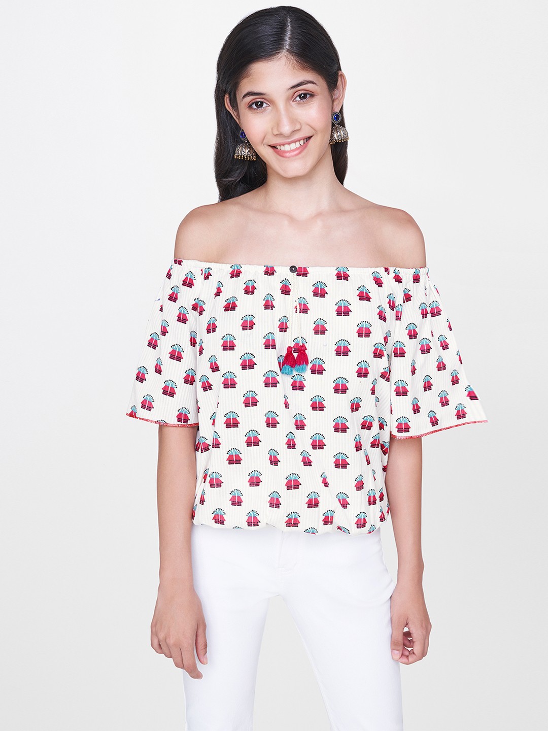 

Global Desi Women Off-White & Pink Printed Bardot Pure Cotton Top with Gathers