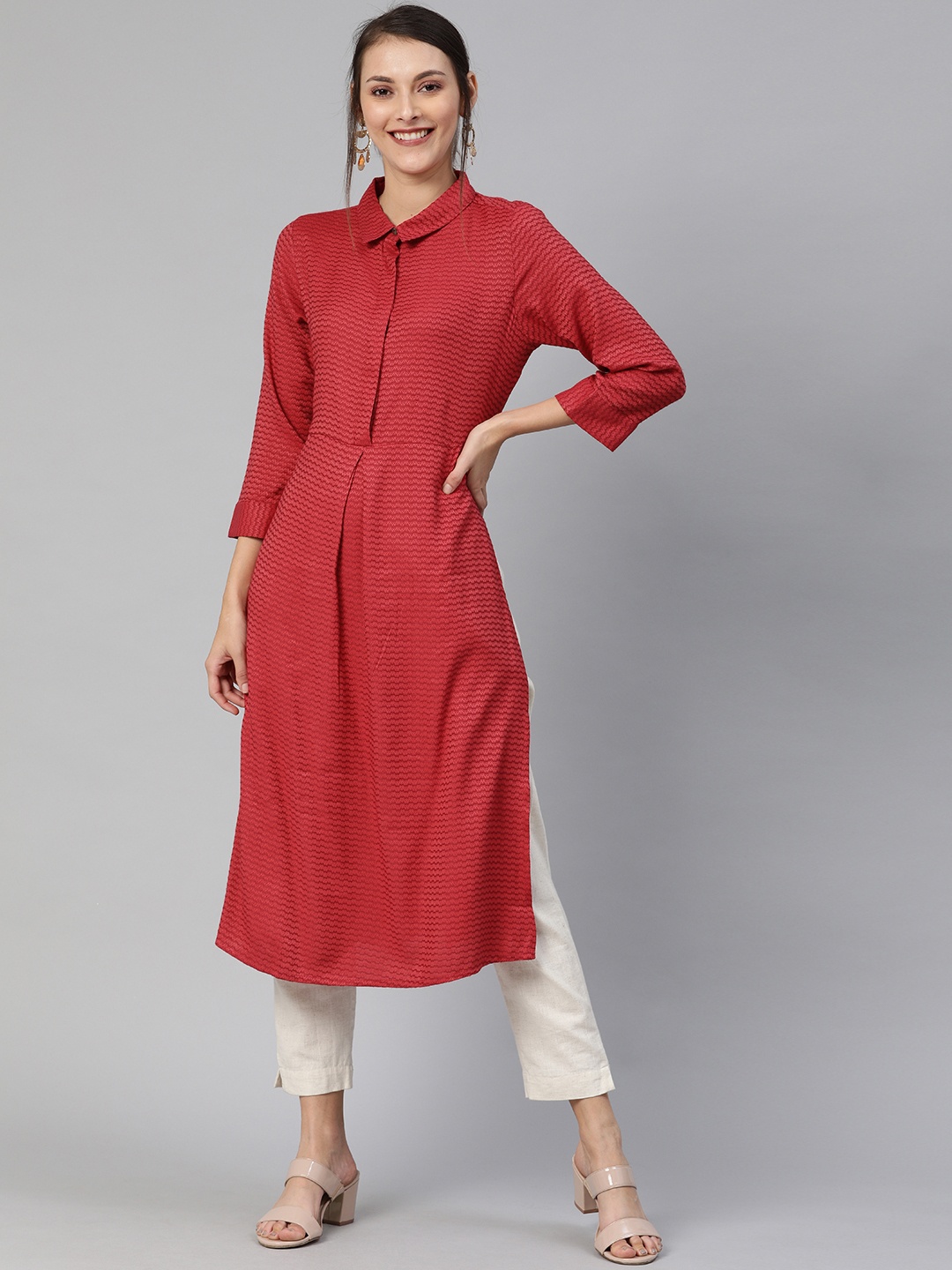 

Global Desi Women Red Embroidered A-Line Kurta with Gathers