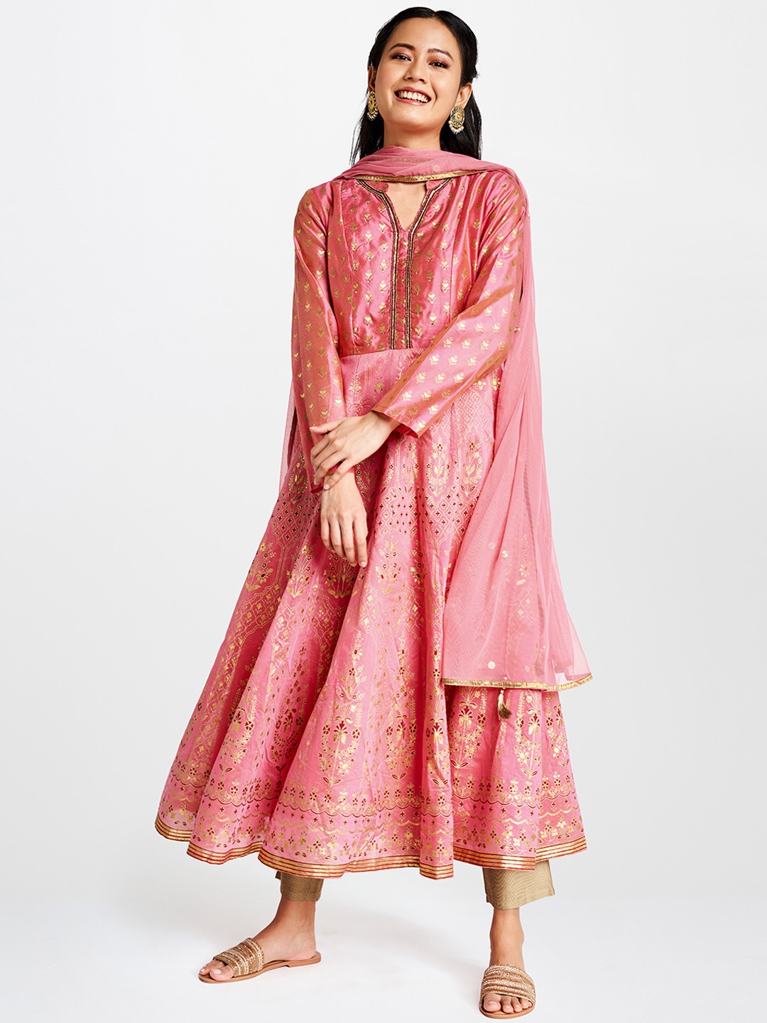 

Global Desi Women Pink & Gold-Toned Printed A-Line Panelled Kurta with Dupatta