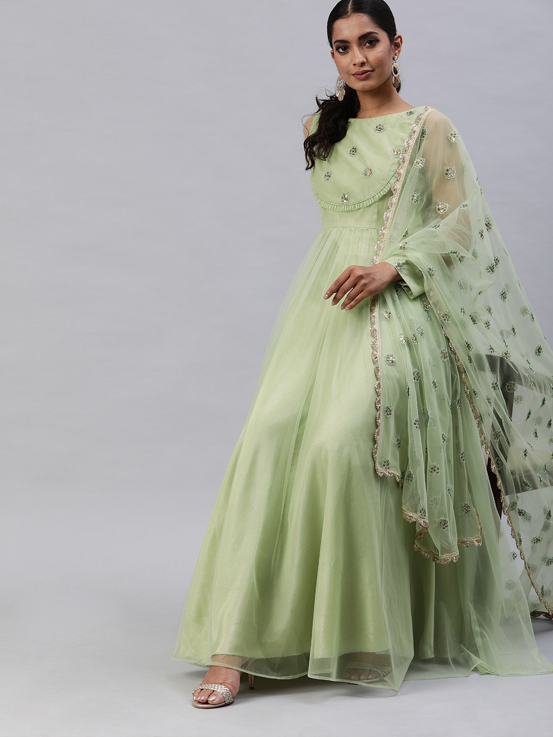 

Inddus Women Green Embellished Yoke Design A-Line Kurta with Dupatta