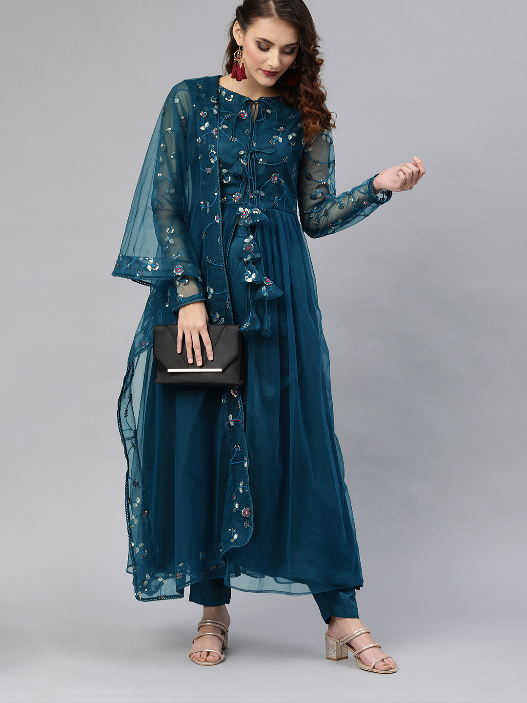 

Women Teal Blue High Slit Sequinned Kurta with Trousers & Dupatta