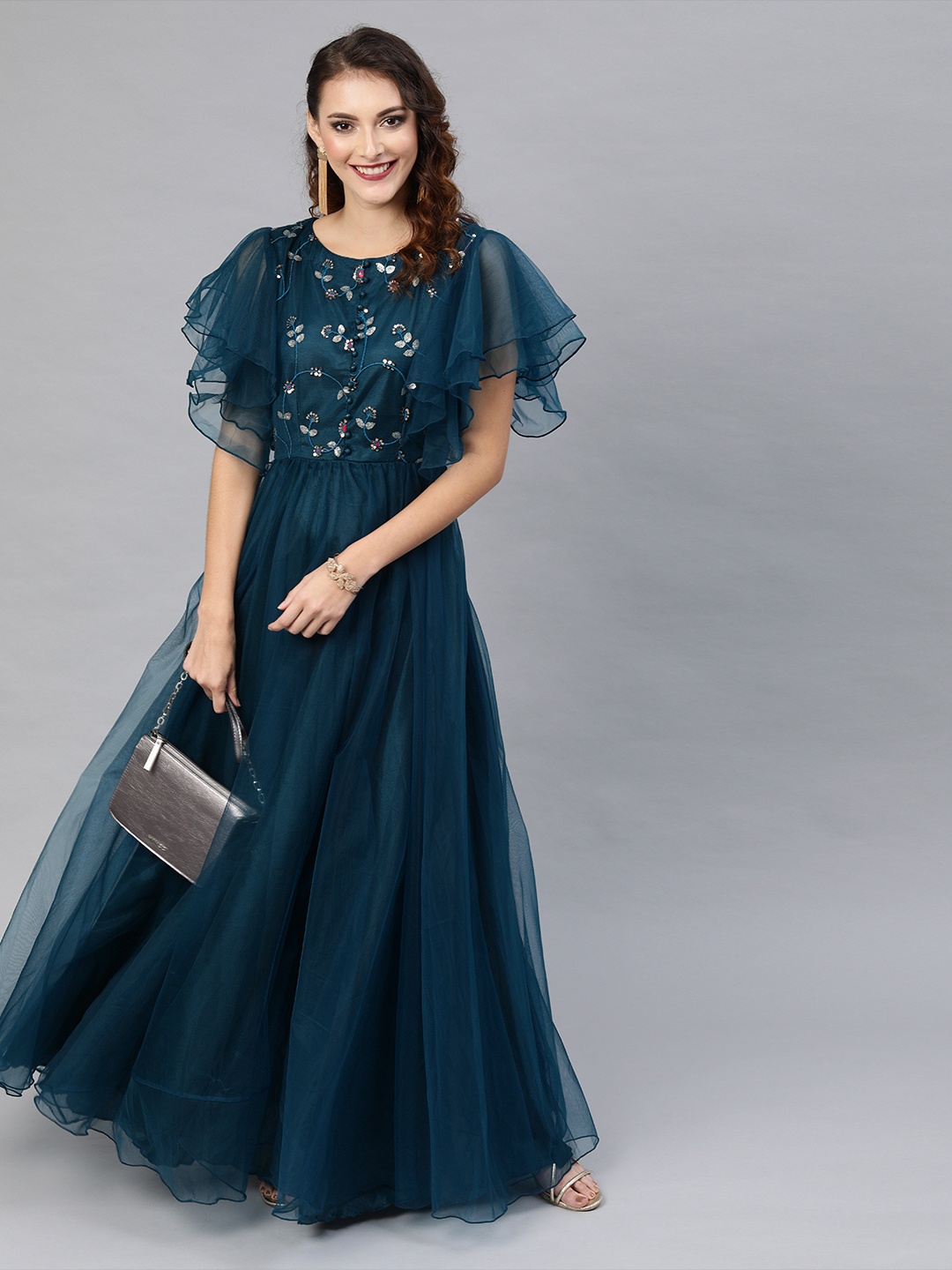 

Inddus Teal Blue Embellished Maxi Dress With Flutter Sleeves