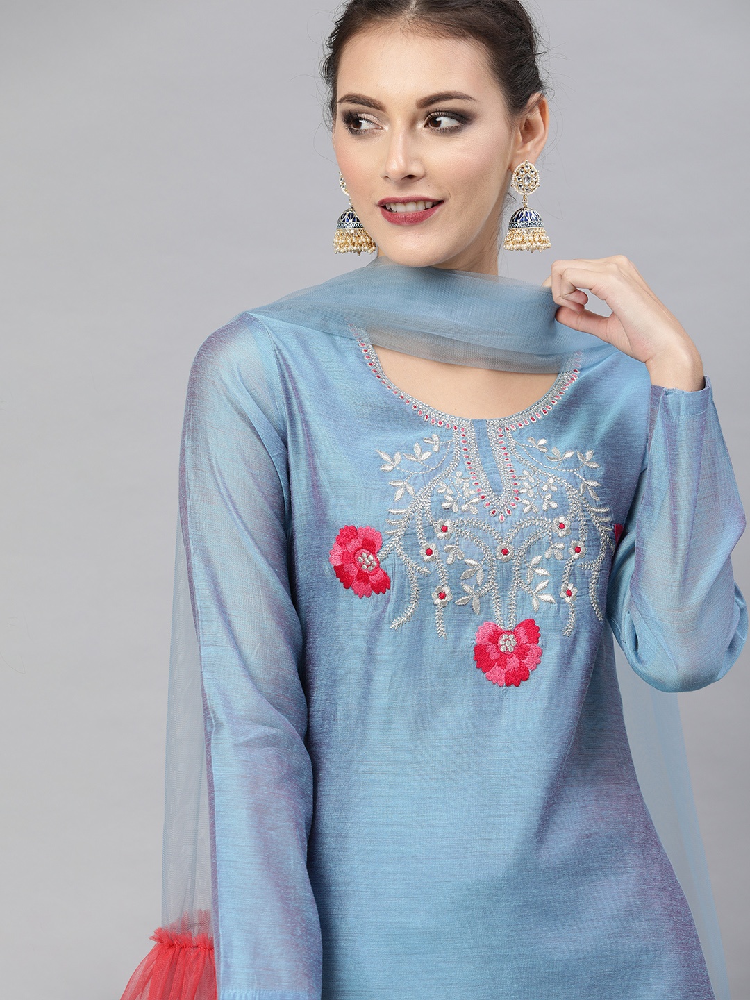 

Inddus Women Blue & Red Embroidered Kurta with Trousers & Dupatta