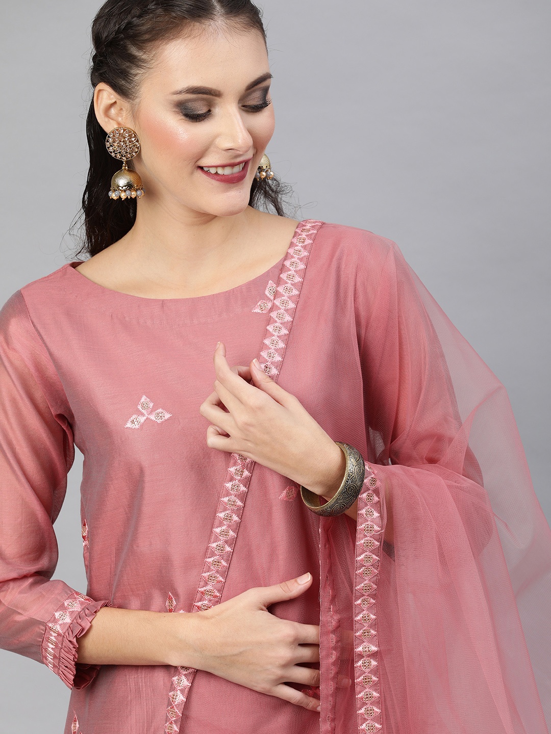 

Inddus Women Pink Embroidered Kurta with Trousers & Dupatta