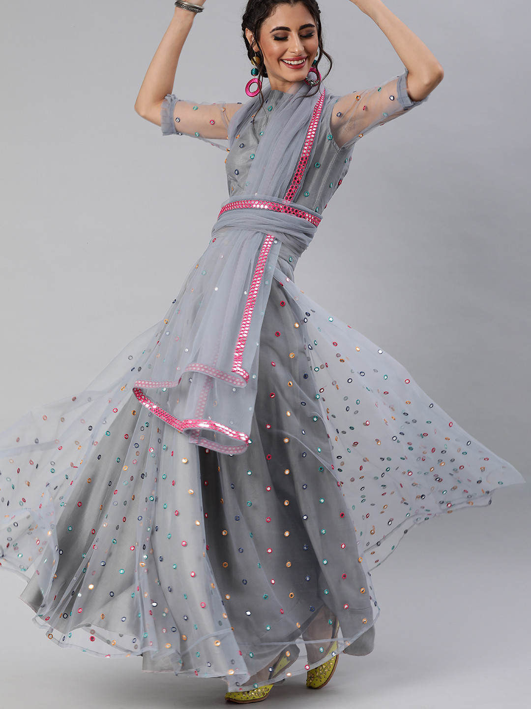 

Inddus Grey Unstitched Lehenga & Blouse with Dupatta