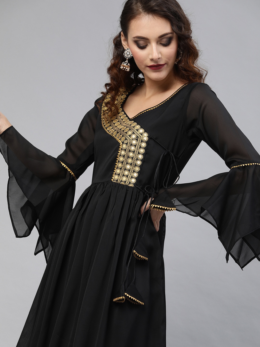 

Inddus Women Black Embellished Maxi Dress With Bell Sleeves & Tie-Ups
