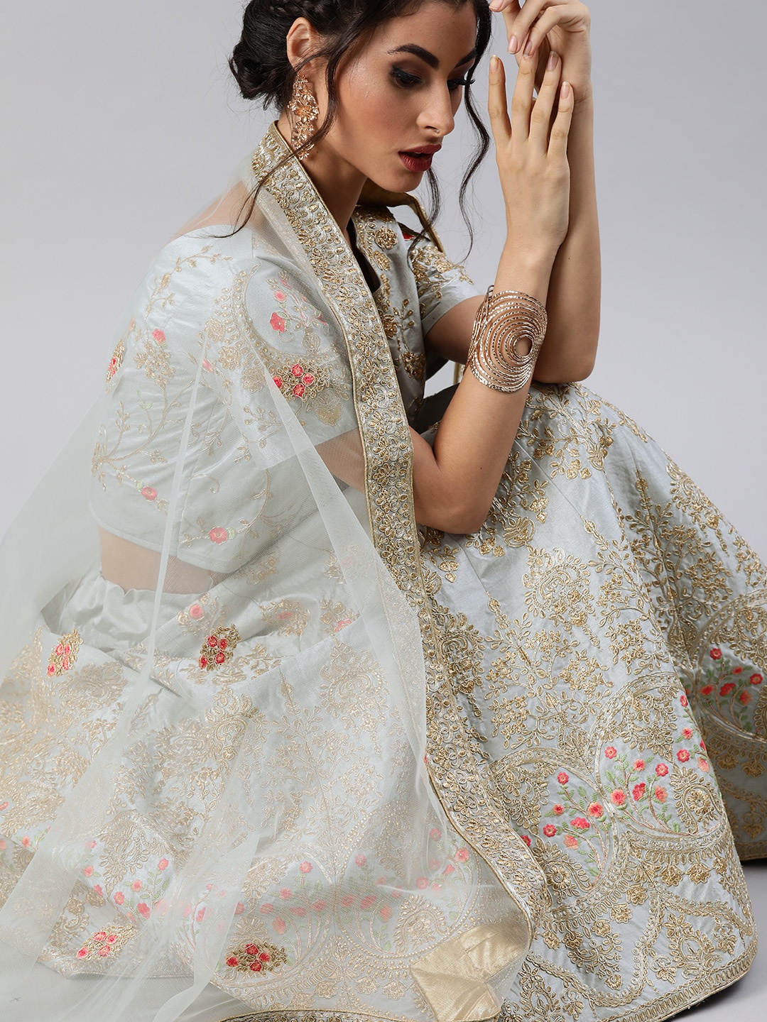 

Inddus Grey & Gold-Toned Embroidered Unstitched Lehenga & Blouse with Dupatta