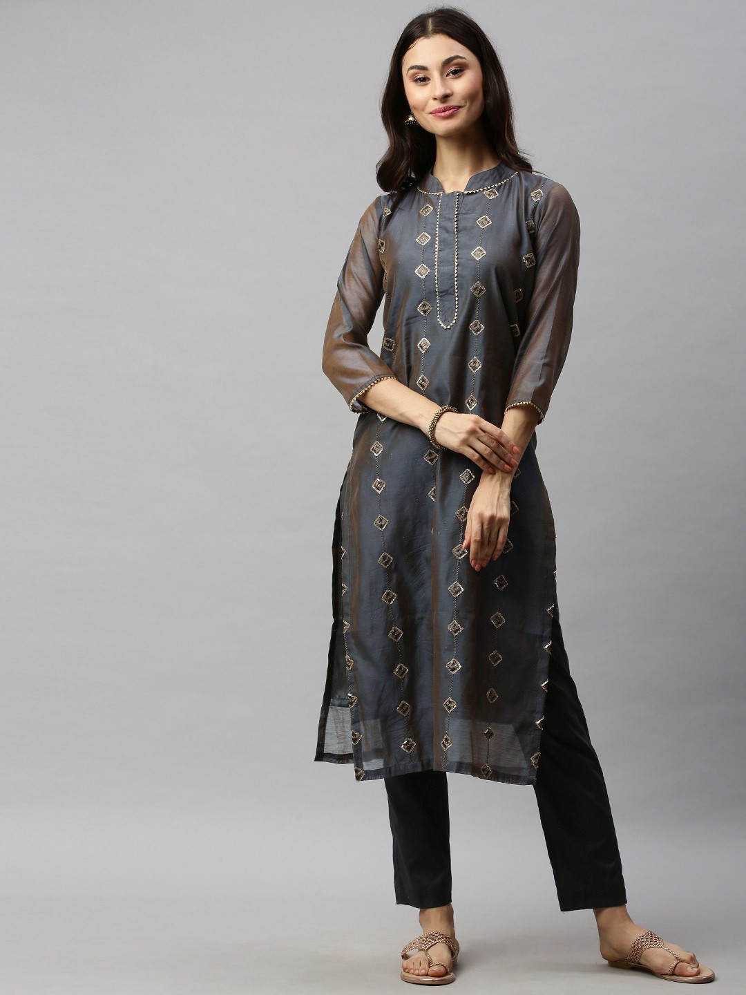 

Inddus Women Grey Embroidered Kurta with Trousers