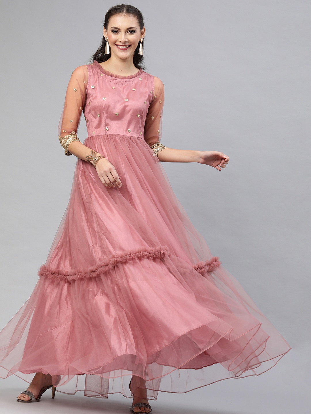 

Inddus Women Mauve Embroidered Tiered Fit and Flare Dress With Embellished Detailing