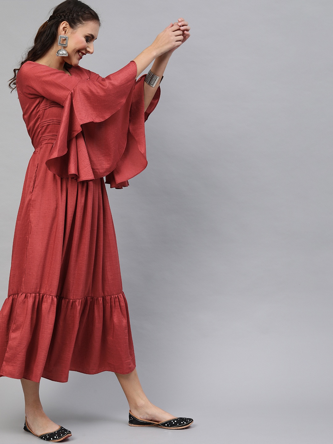 

Inddus Women Red Solid Tiered Fit and Flare Dress