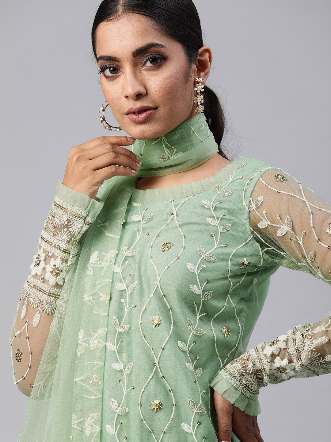

Inddus Women Green Embroidered Kurta with Trousers & Dupatta