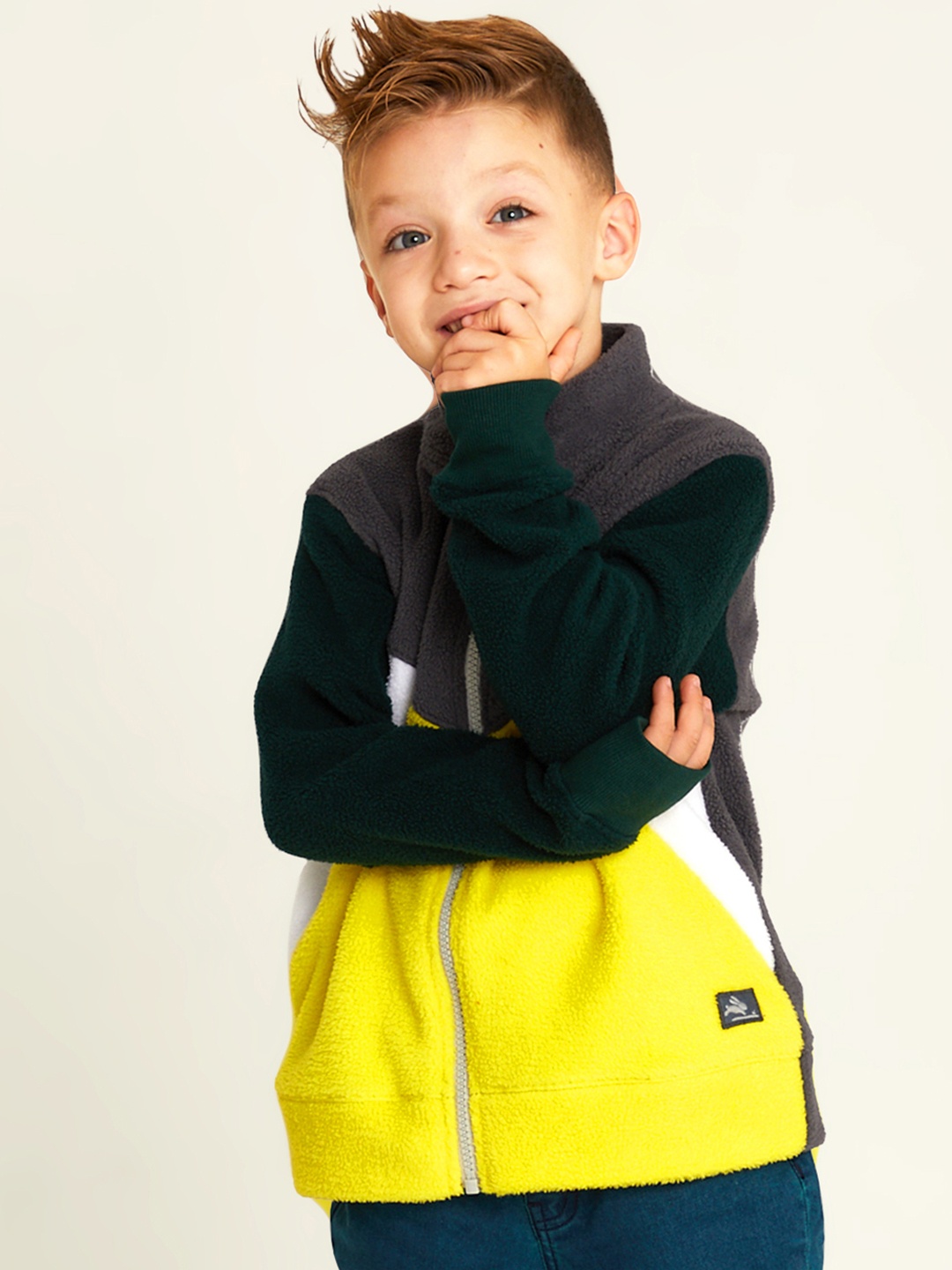 

Cherry Crumble Kids Yellow Charcoal Grey Colourblocked Fuzzy Sweatshirt
