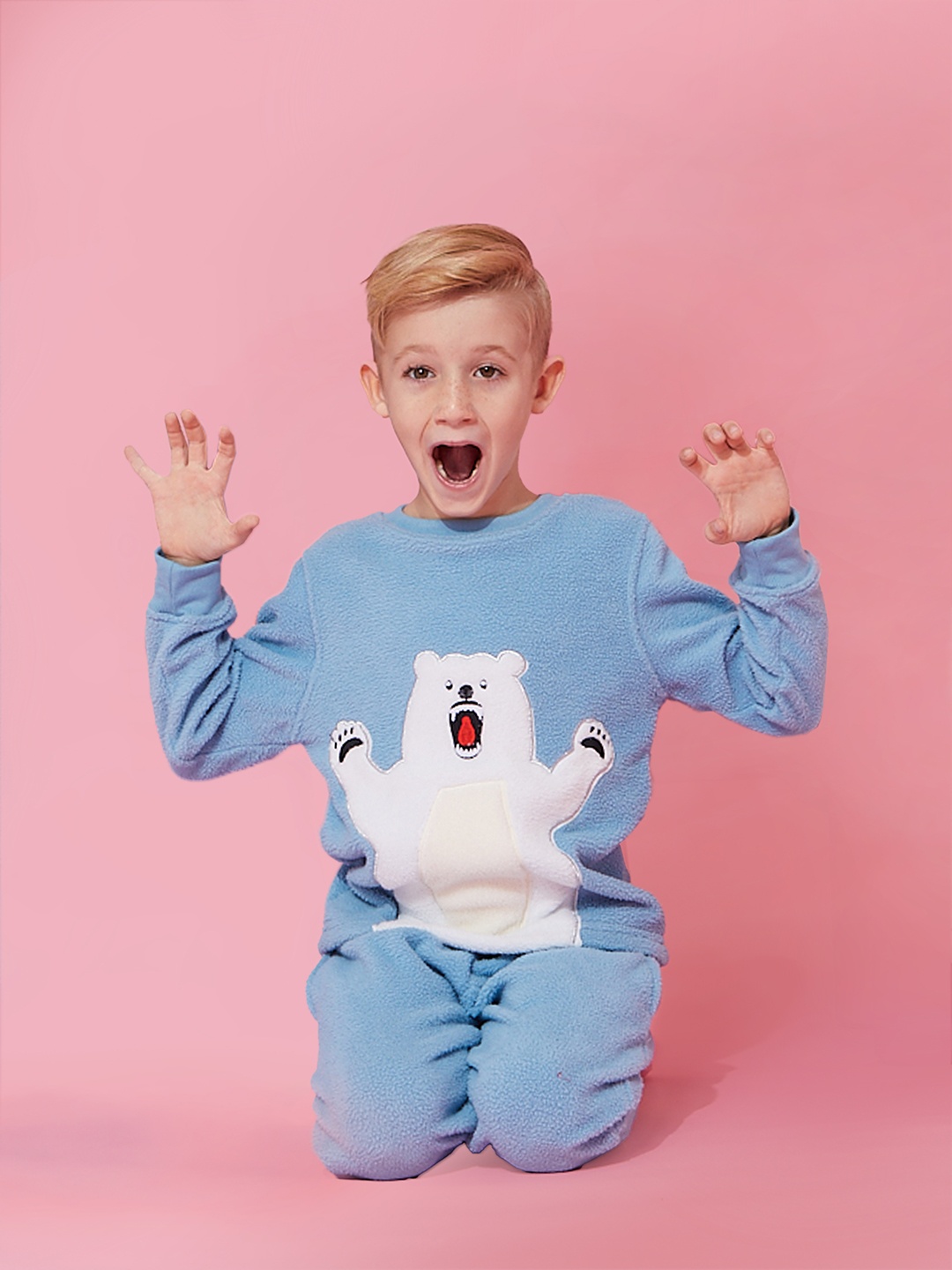 

Cherry Crumble Kids Blue & White Polar Bear Applique Fleece Night Suit