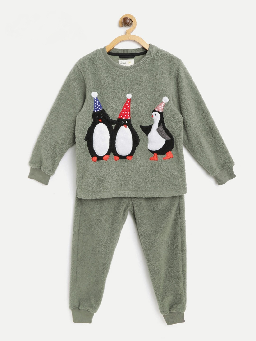 

Cherry Crumble Kids Olive Green Penguin Applique Fleece Night Suit