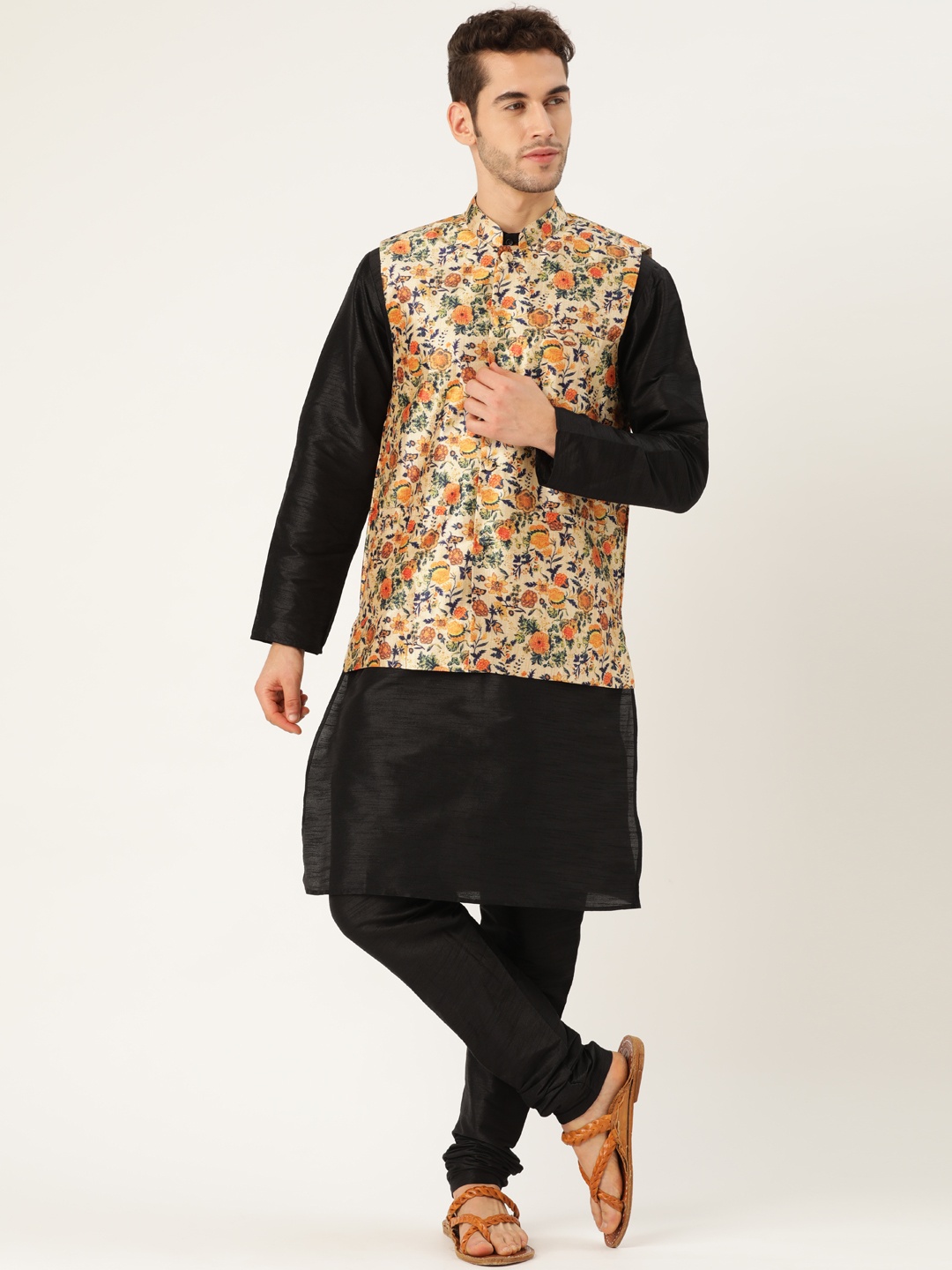 

SOJANYA Men Black & Beige Solid Kurta with Churidar & Printed Nehru Jacket