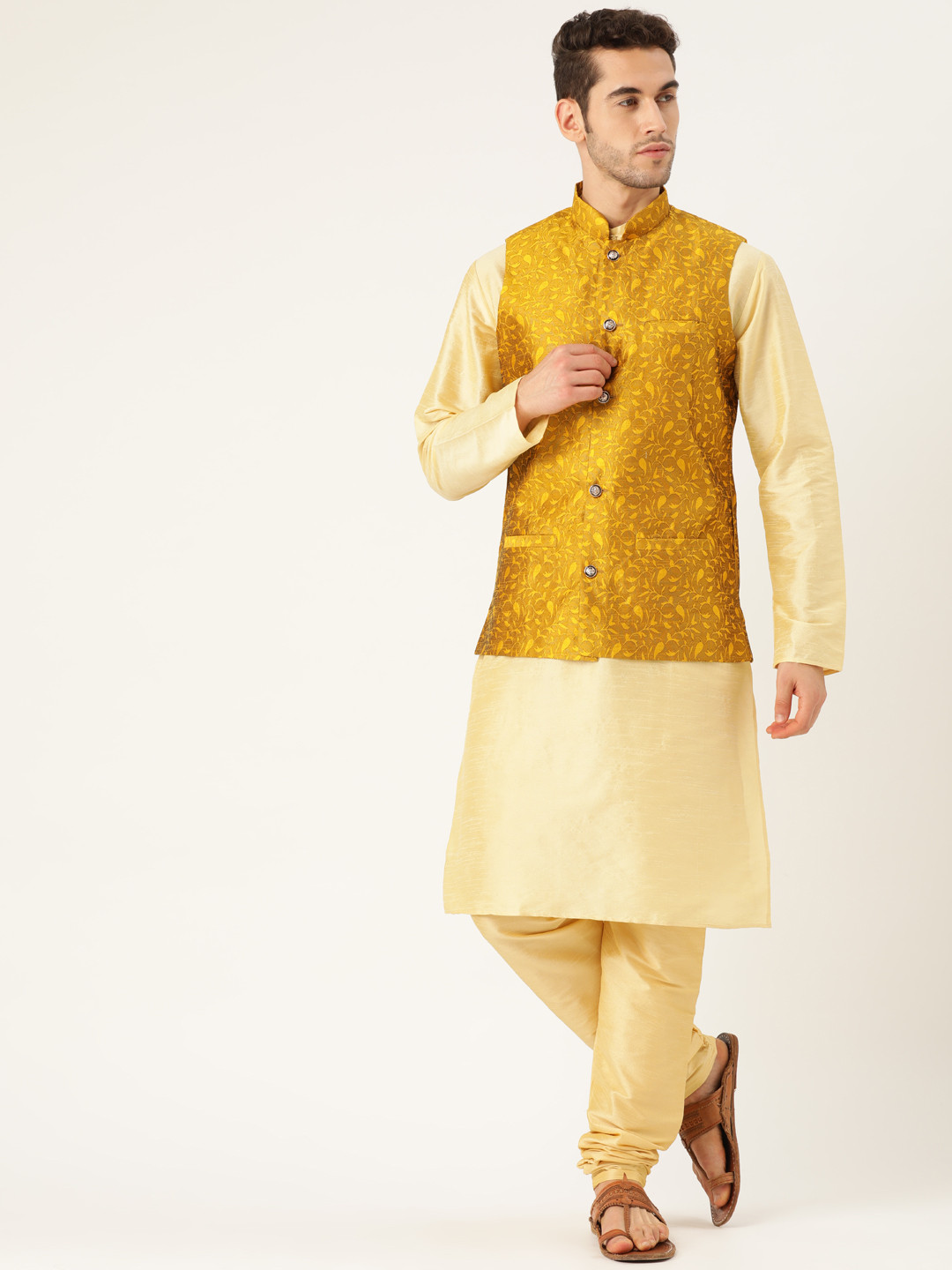 

SOJANYA Men Beige & Mustard Yellow Solid Kurta Set with Ethnic Self Design Nehru Jacket