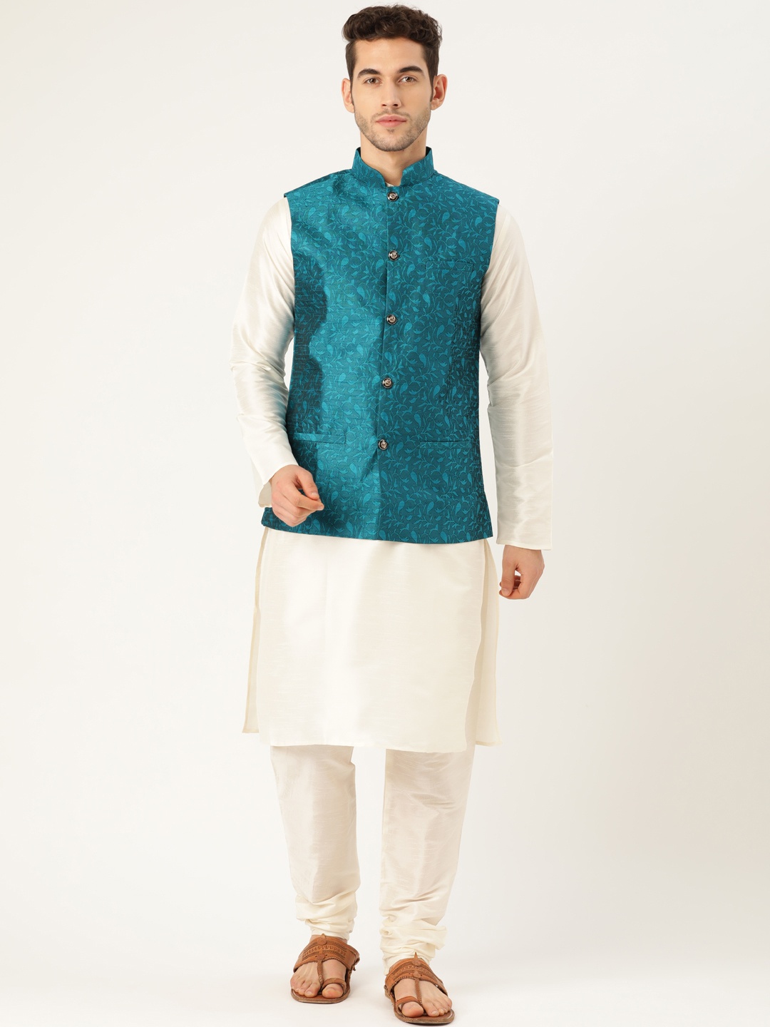 

SOJANYA Men Off-White & Teal Blue Solid Kurta with Churidar & Woven Design Nehru Jacket