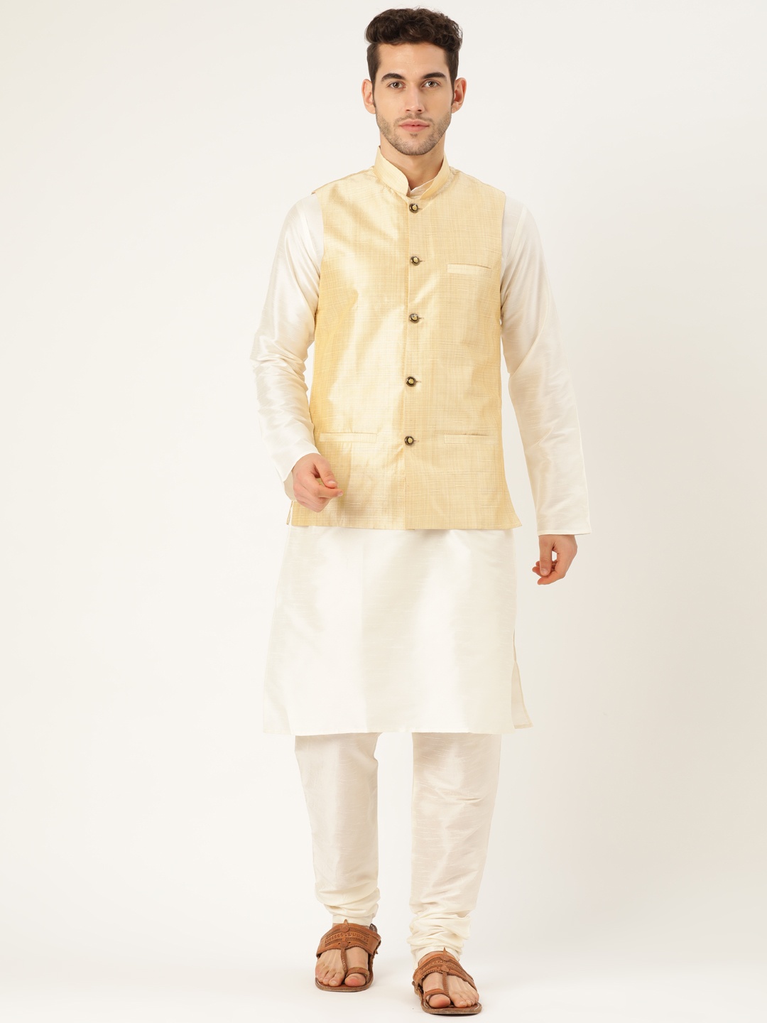

SOJANYA Men Off-White & Cream-Coloured Solid Kurta with Churidar & Nehru Jacket