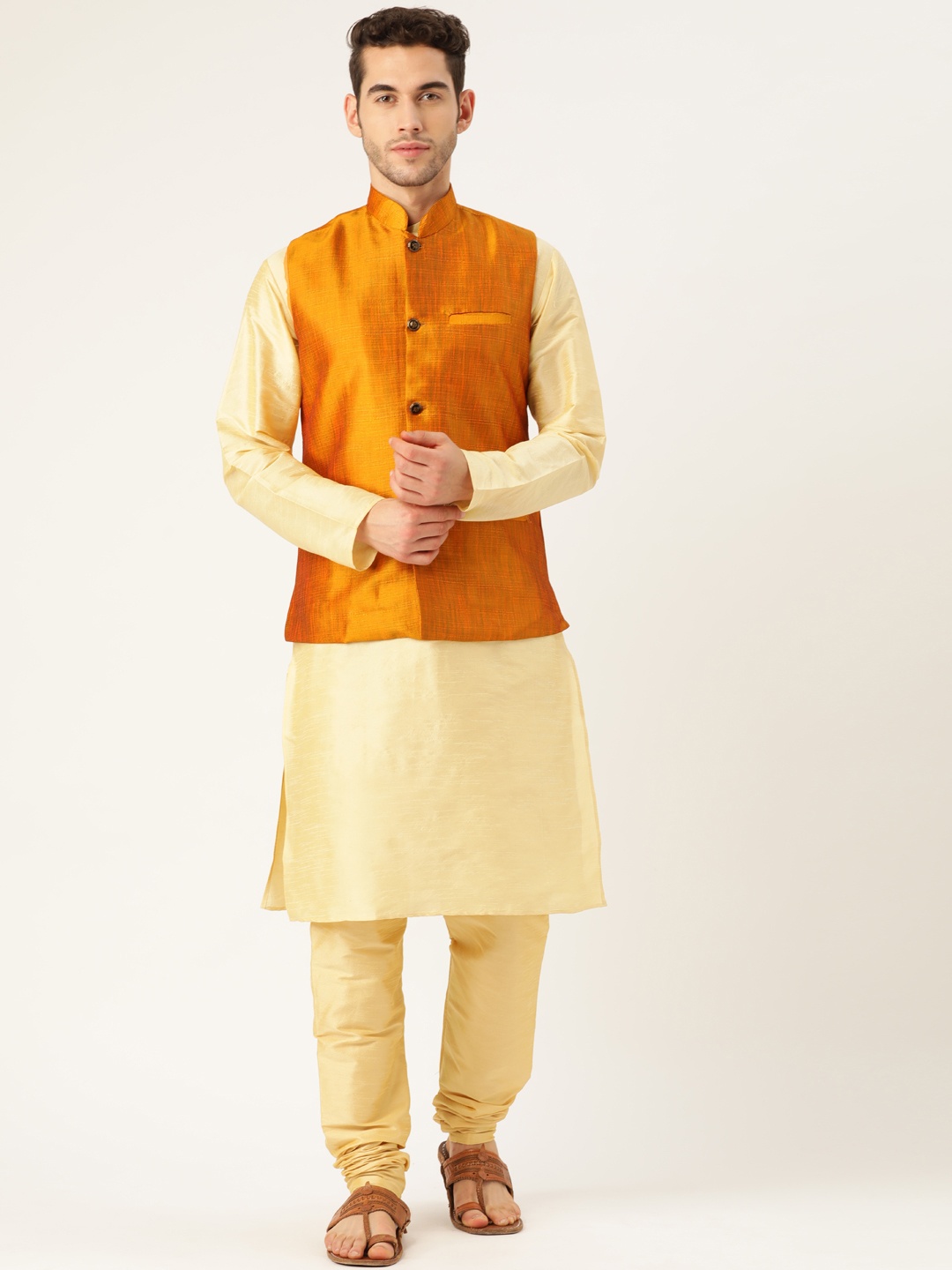 

SOJANYA Men Yellow & Mustard Yellow Solid Kurta with Churidar & Nehru Jacket