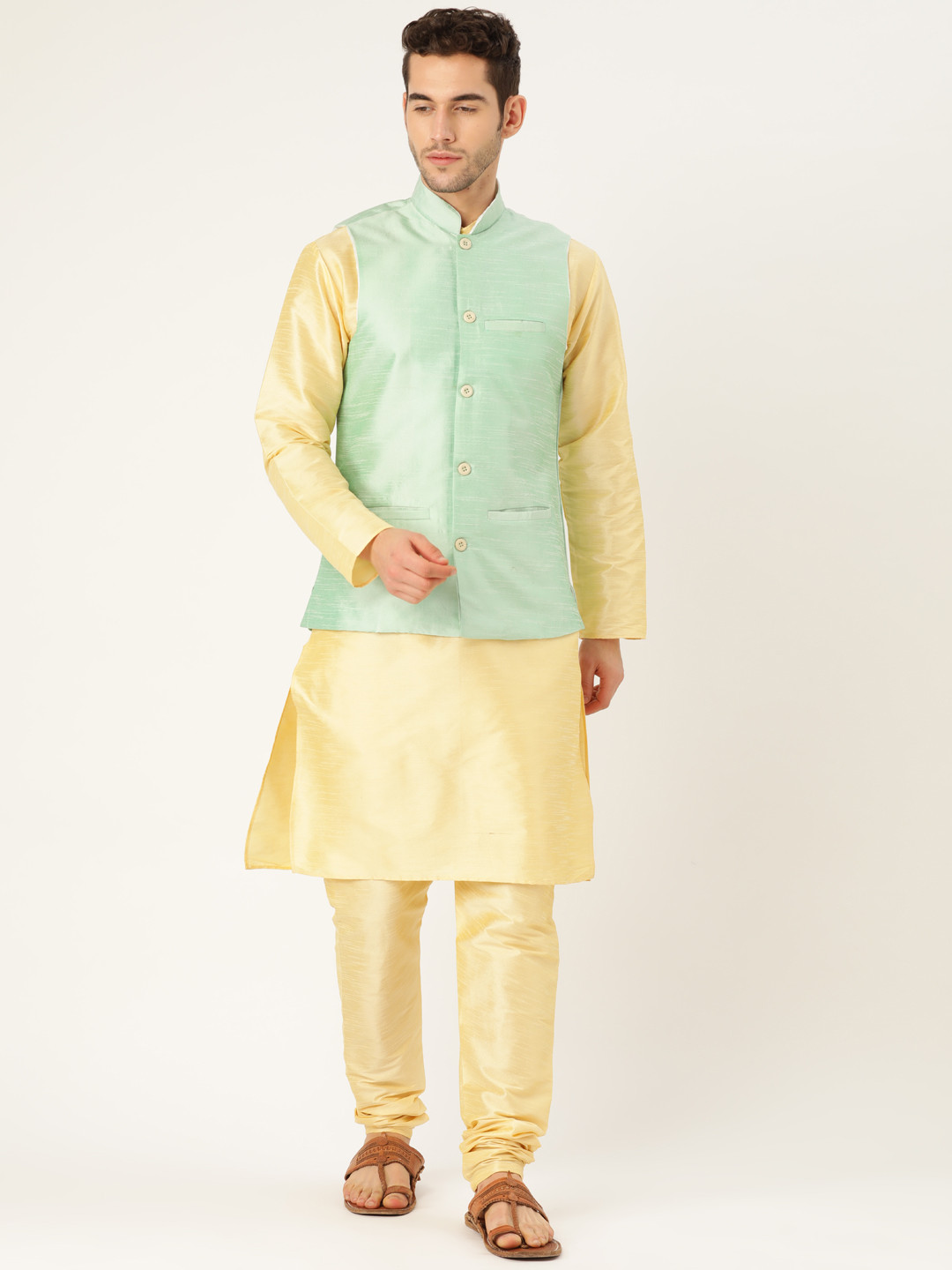 

SOJANYA Men Yellow & Sea Green Solid Kurta Set with Nehru Jacket