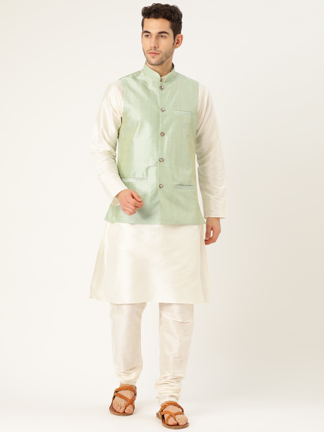 

SOJANYA Men Off-White & Green Solid Kurta Set with Nehru Jacket