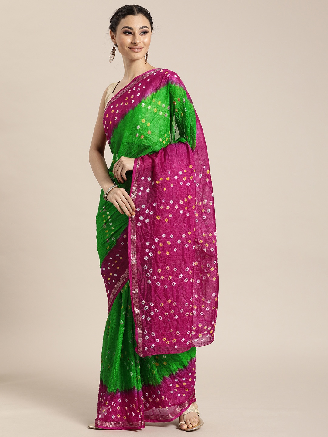 

Geroo Jaipur Hand Dyed Pink & Green Bandhani Silk Saree