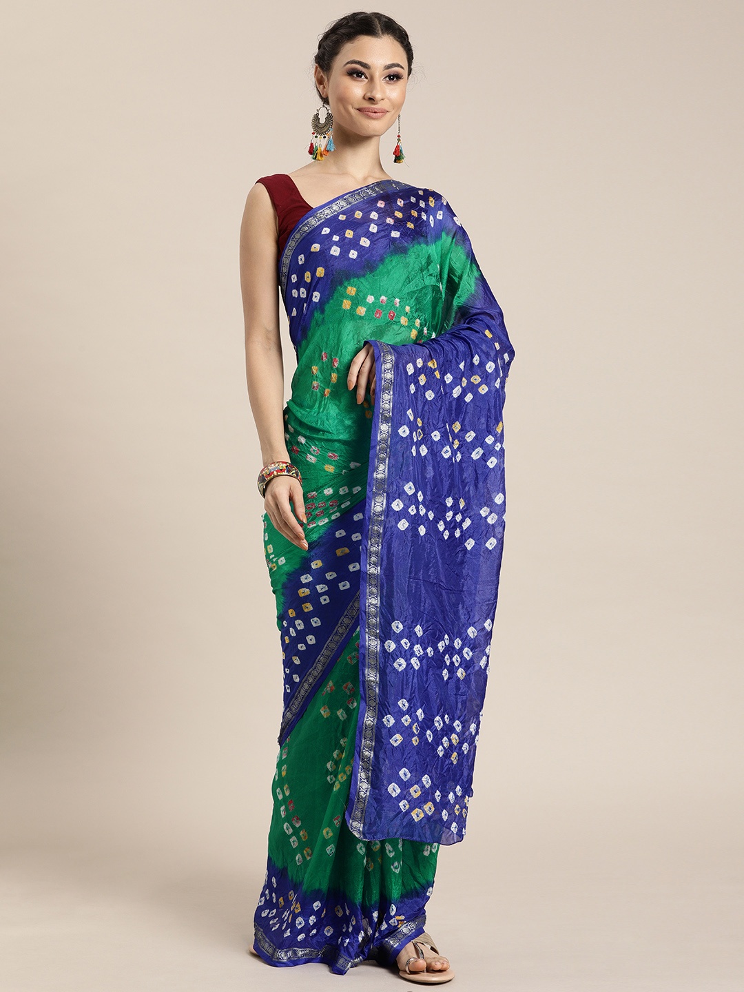 

Geroo Jaipur Hand Dyed Green & Blue Bandhani Silk Saree