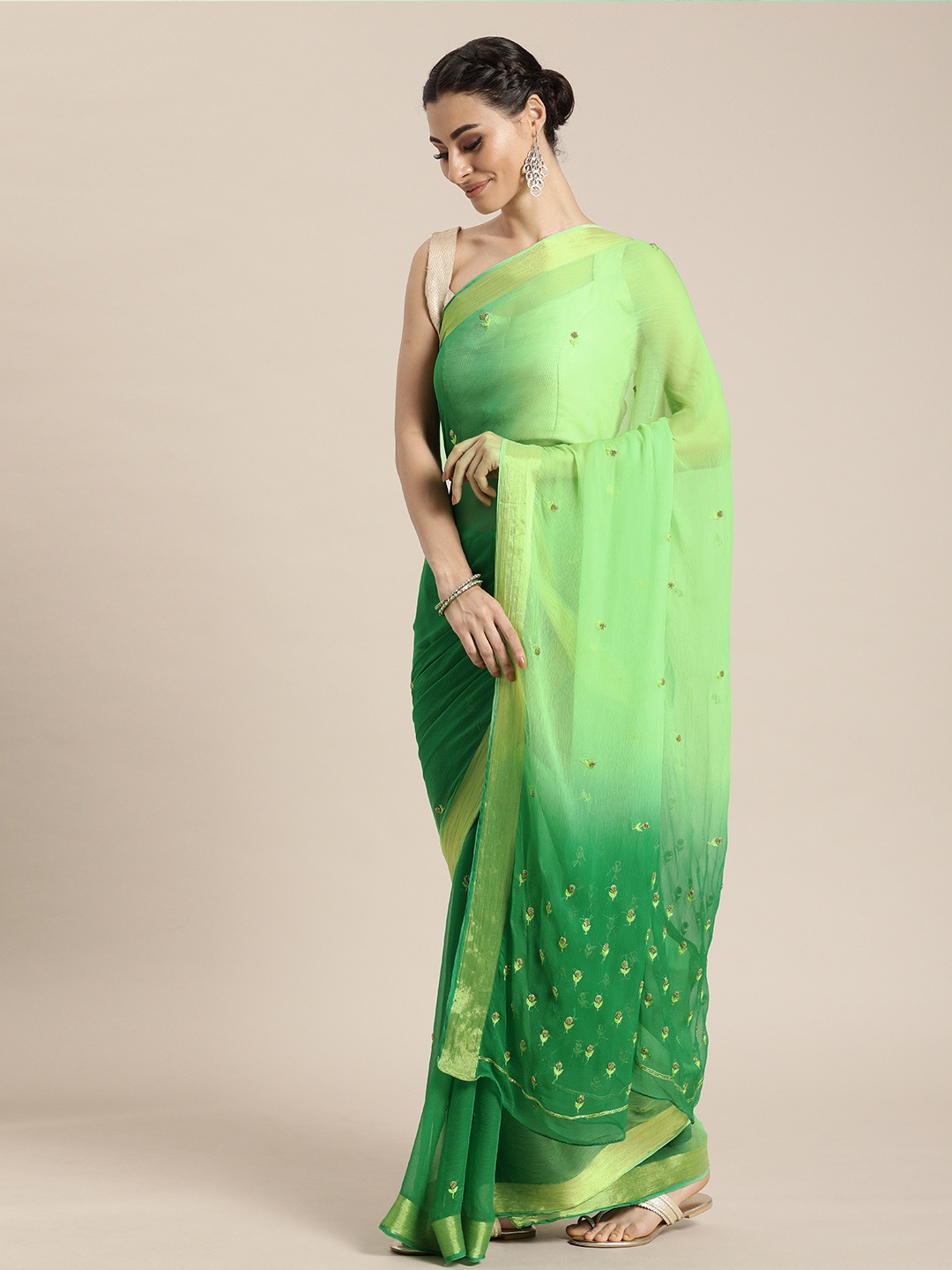 

Geroo Jaipur Green Gota Patti Hand Embroidered Pure Chiffon Sustainable Saree