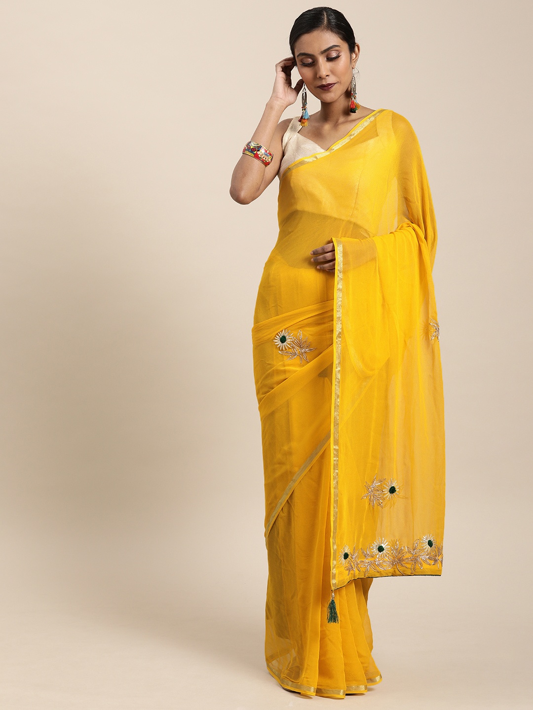 

Geroo Jaipur Yellow Gota Patti Hand Embroidered Pure Georgette Sustainable Saree, Mustard