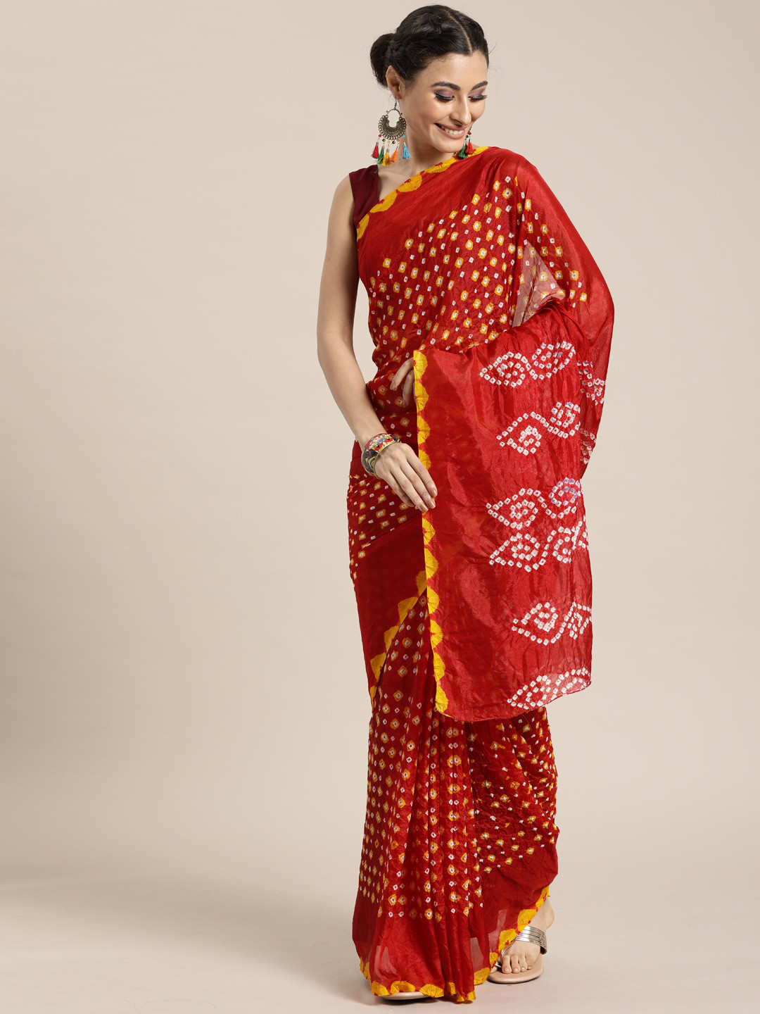 

Geroo Jaipur Hand Dyed Red Bandhani Silk Sustainable Saree