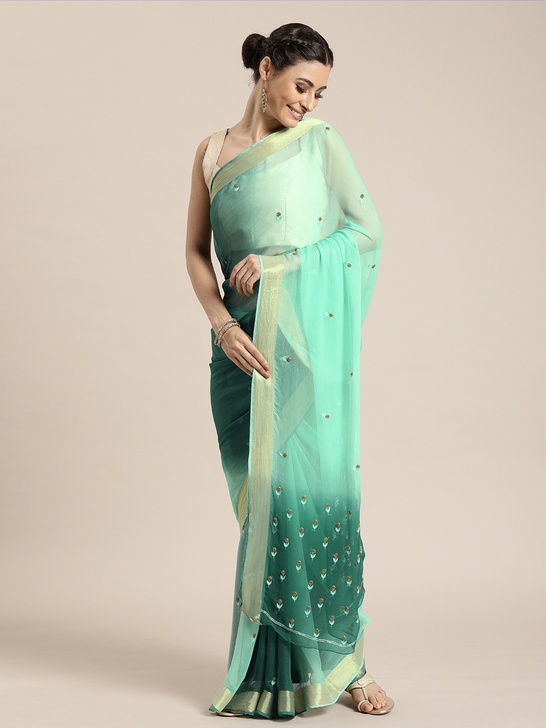 

Geroo Jaipur Sea Green Gota Patti Hand Embroidered Pure Chiffon Sustainable Saree