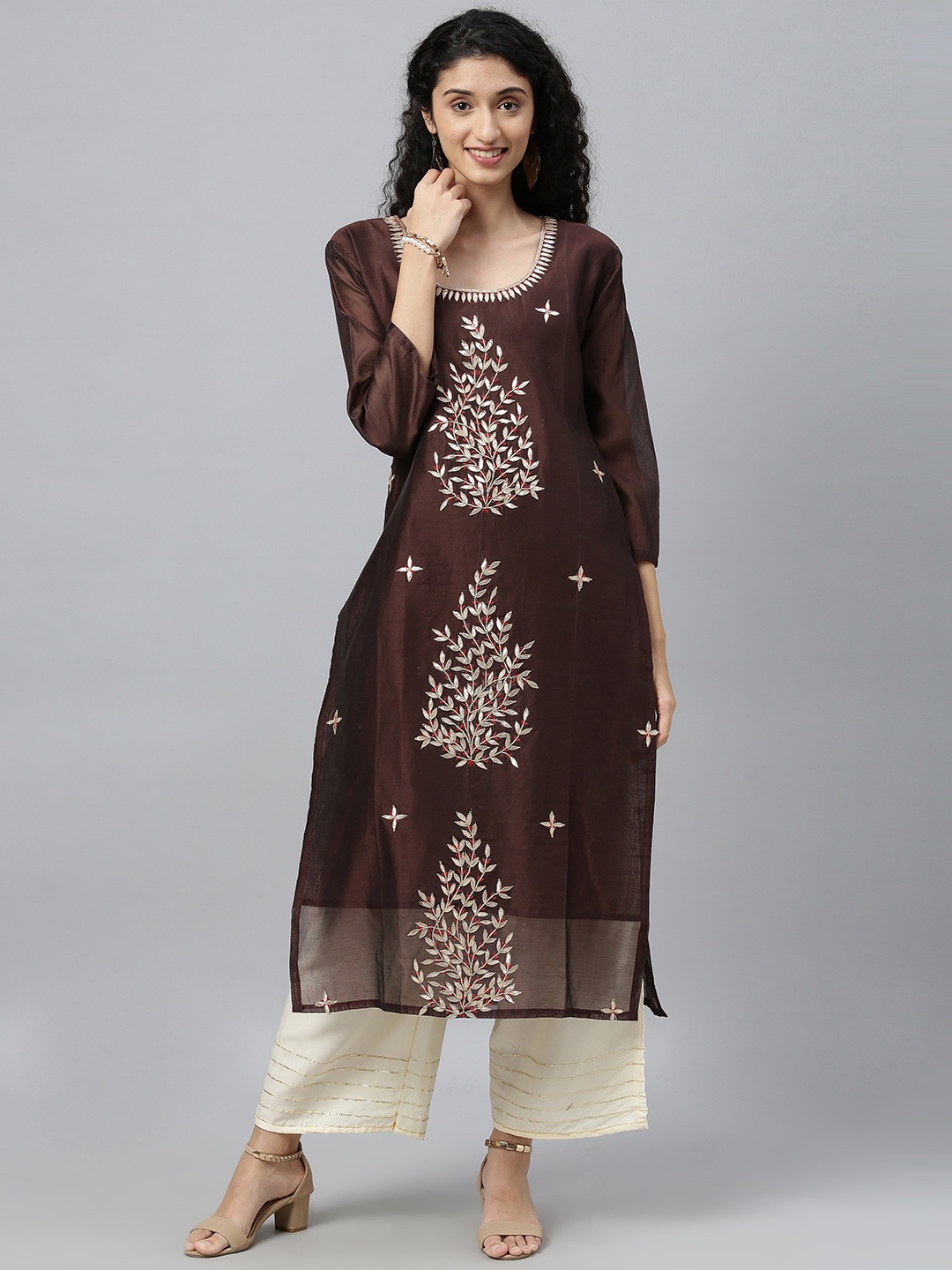 

Geroo Jaipur Brown Hand Embroidered Gota Patti Chanderi Kurta with Palazzo