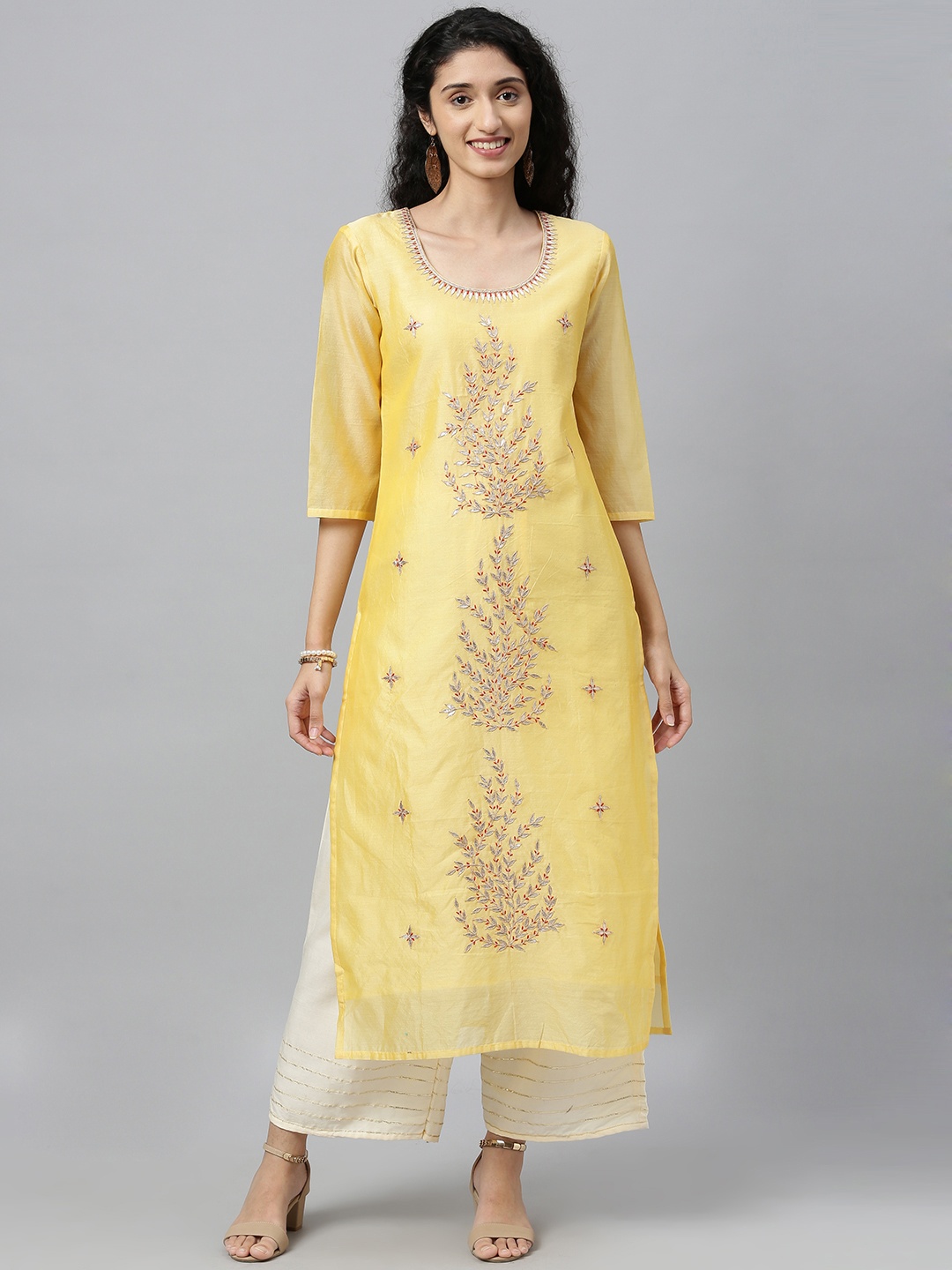 

Geroo Jaipur Yellow Hand Embroidered Gota Patti Chanderi Kurta with Palazzo