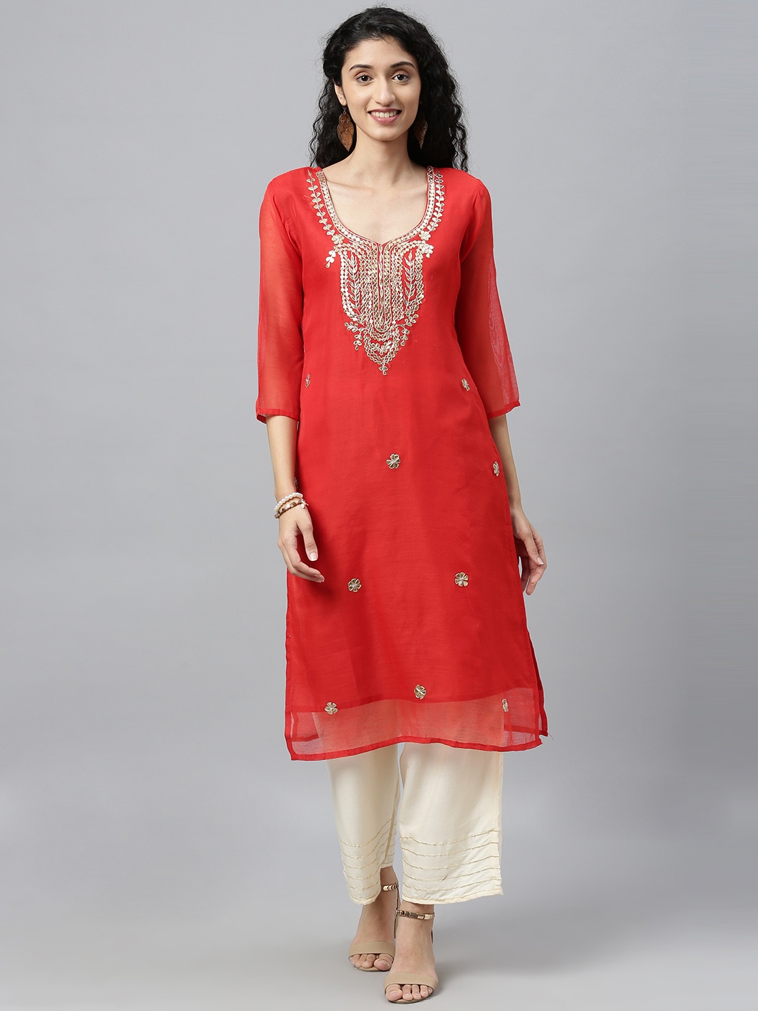

Geroo Jaipur Red Hand Embroidered Chanderi Kurta with Off White Palazzo